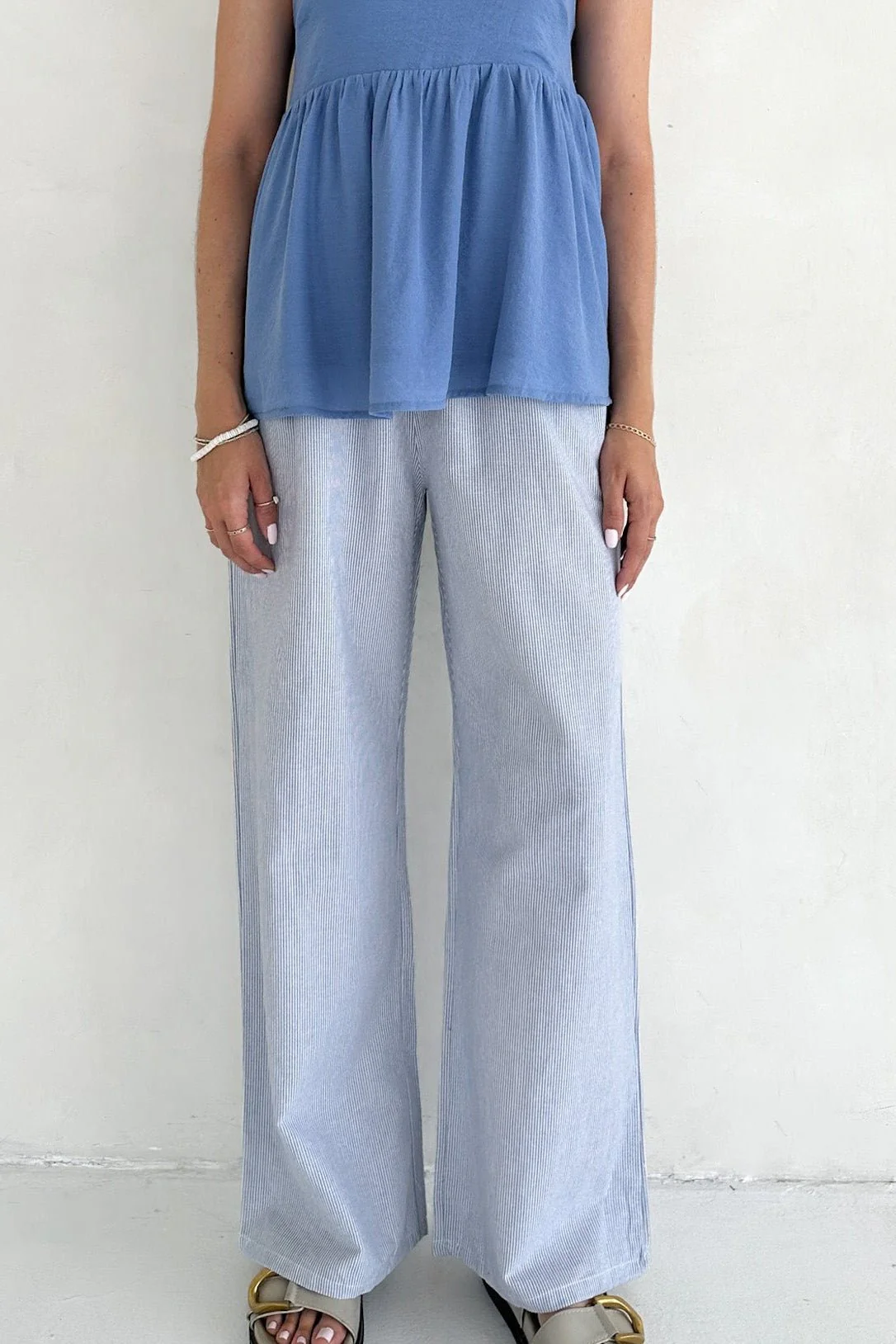 Low Tide Blue Pinstripe Wide Leg Linen Blend Pants - Image 6