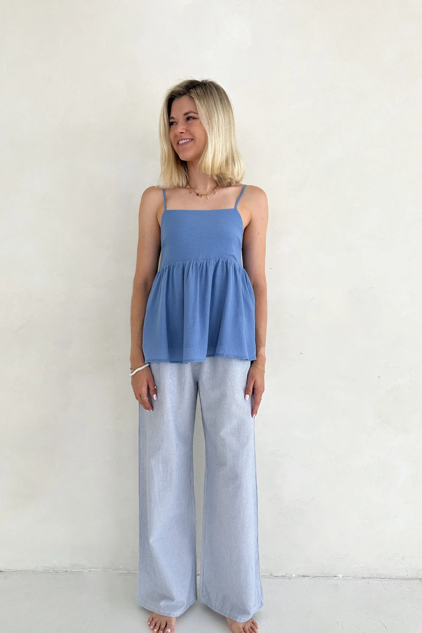 Low Tide Blue Pinstripe Wide Leg Linen Blend Pants - Image 7