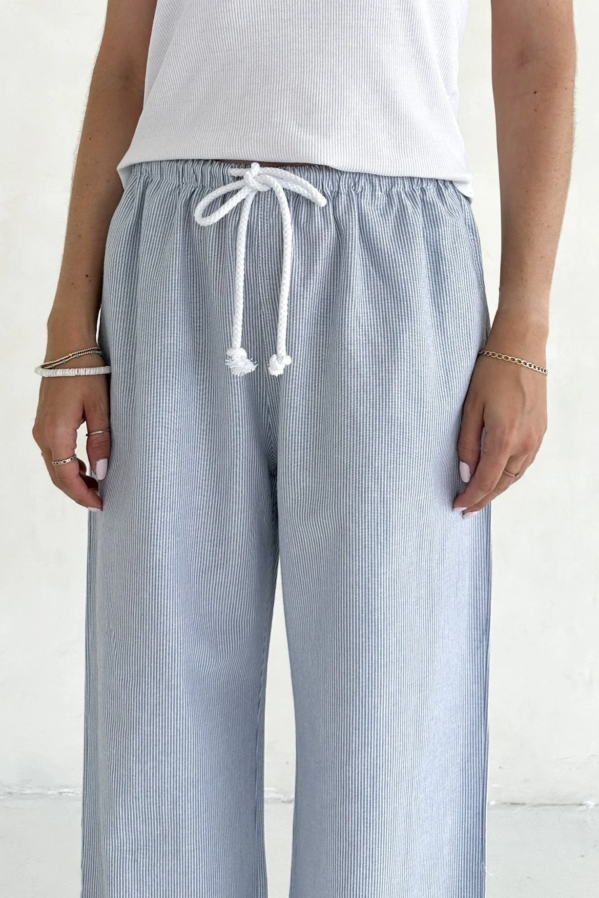 Low Tide Blue Pinstripe Wide Leg Linen Blend Pants - Image 8