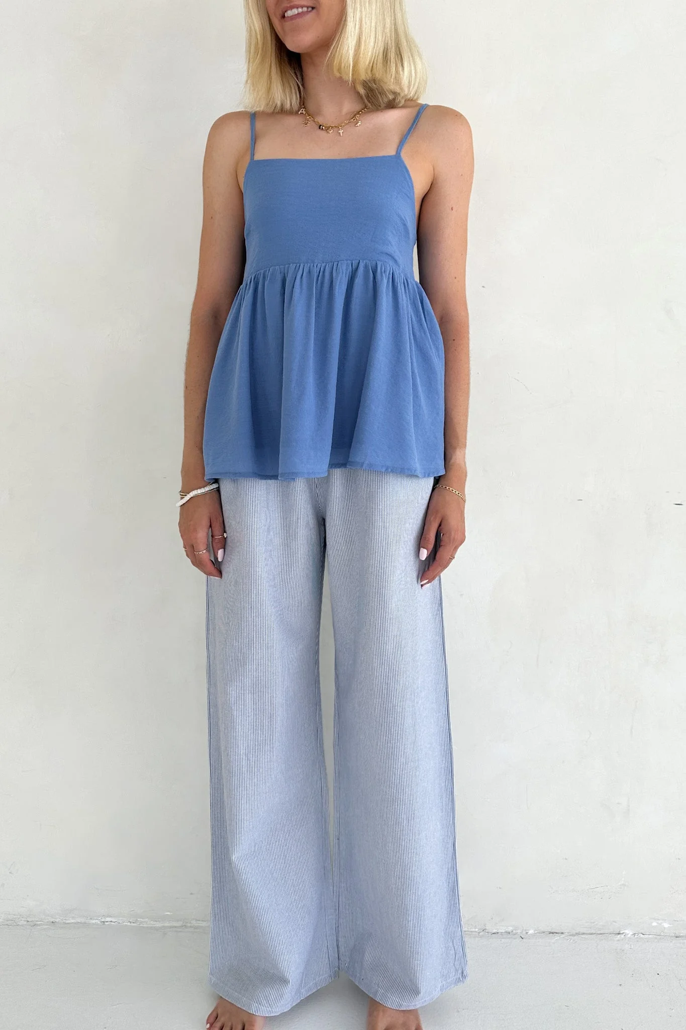Low Tide Blue Pinstripe Wide Leg Linen Blend Pants - Image 9
