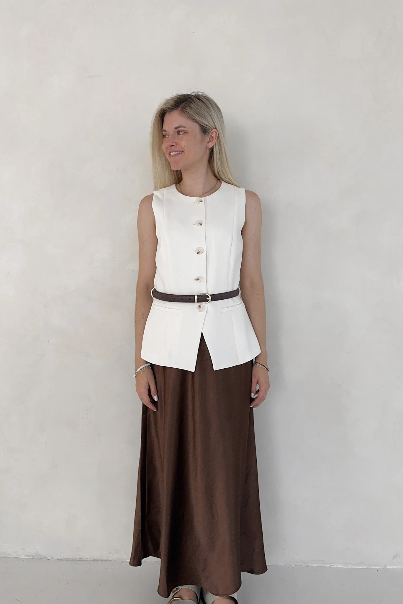 Lucy Chocolate Brown Satin Skirt - Image 4