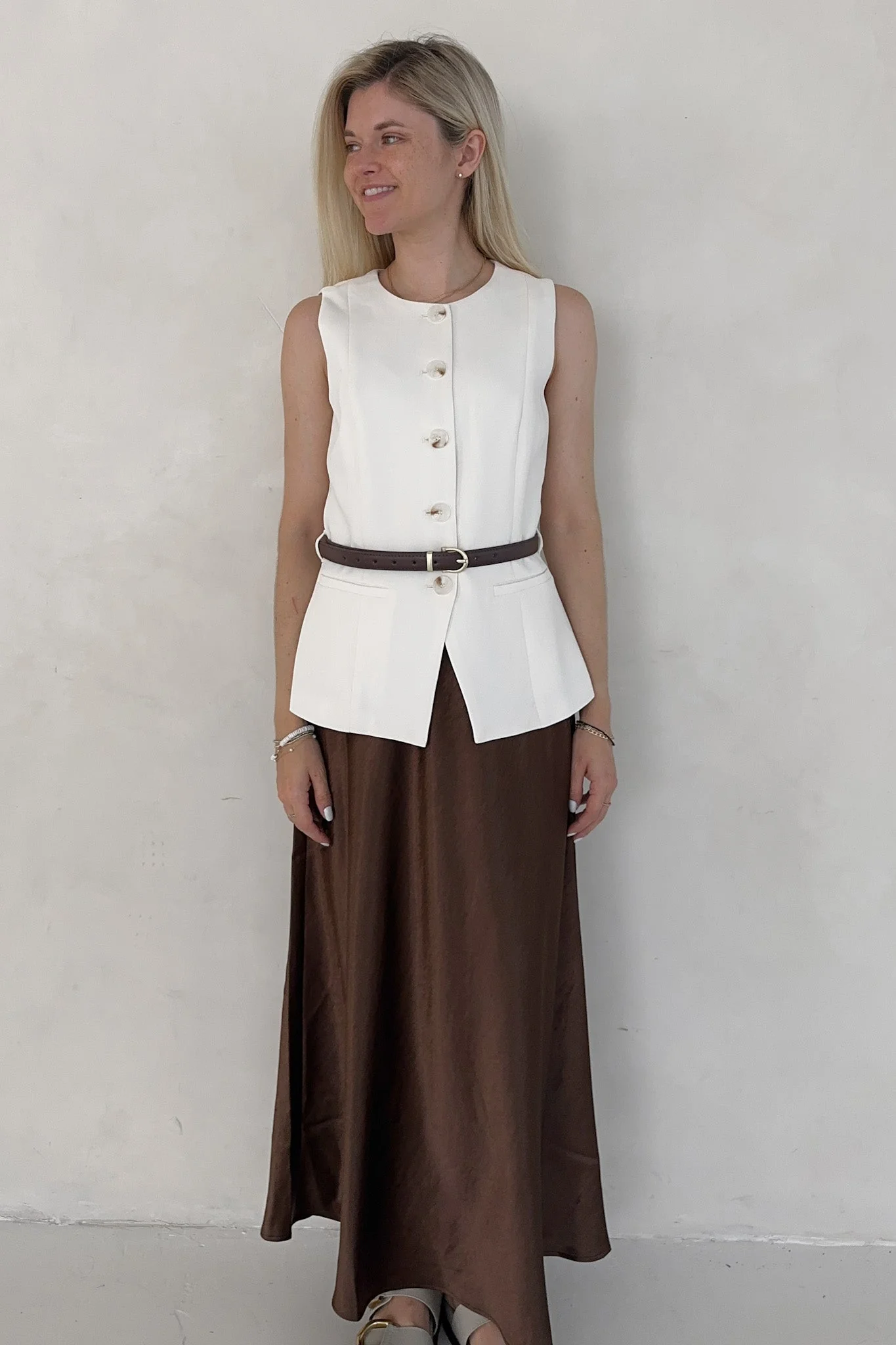 Lucy Chocolate Brown Satin Skirt - Image 6