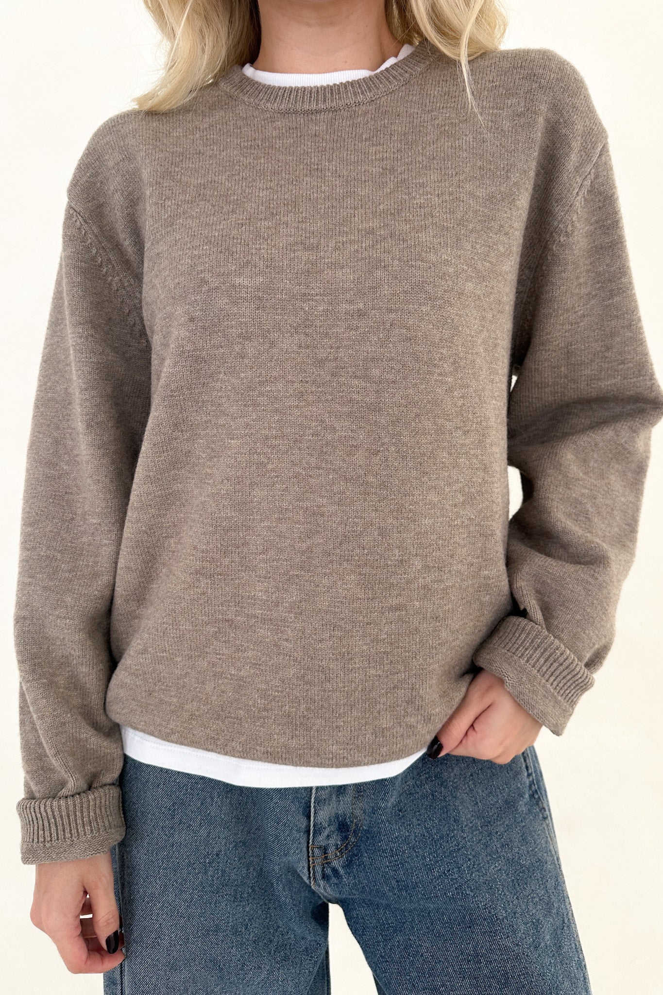 Maddox Essential Crew Neck Boyfriend Sweater in Mocha