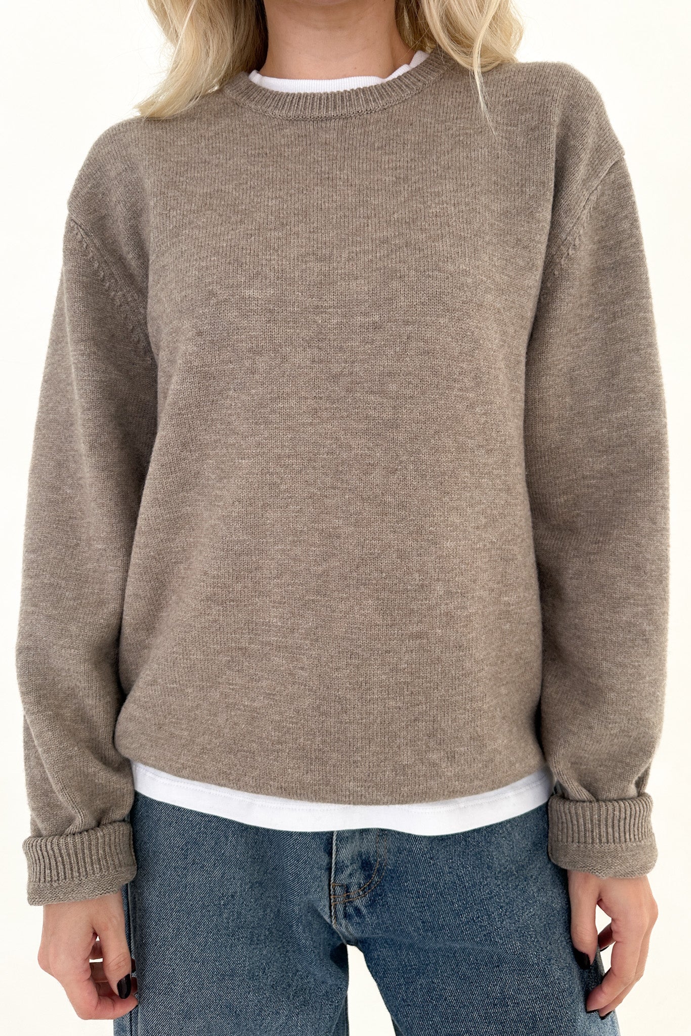 Maddox Essential Crew Neck Boyfriend Sweater in Mocha - Image 2