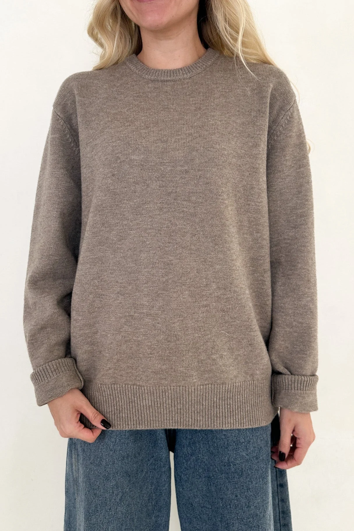 Maddox Essential Crew Neck Boyfriend Sweater in Mocha - Image 3