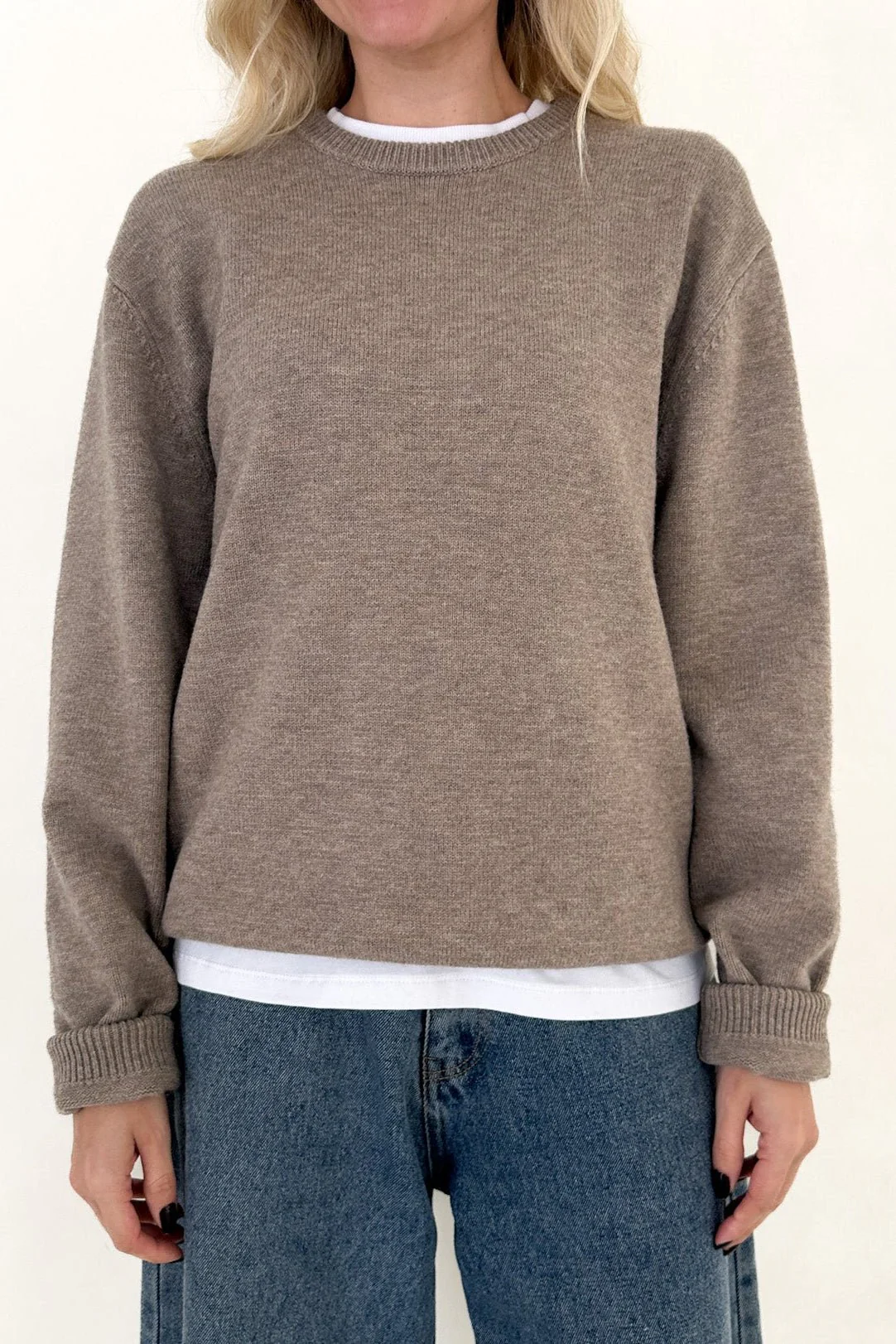 Maddox Essential Crew Neck Boyfriend Sweater in Mocha - Image 4