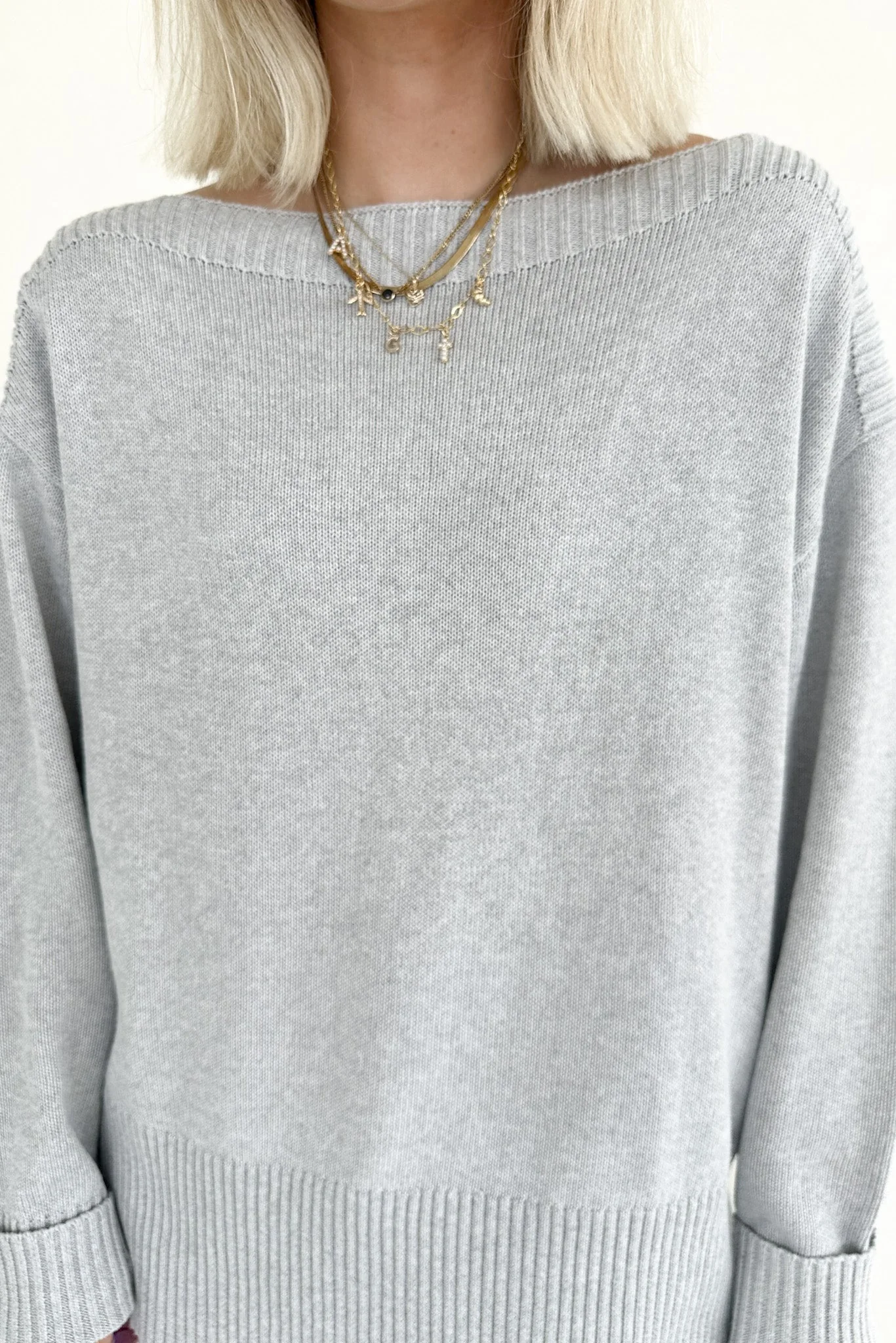 Maren Wide Boat Neck Dropped Shoulder Pullover Sweater in Grey - Image 3
