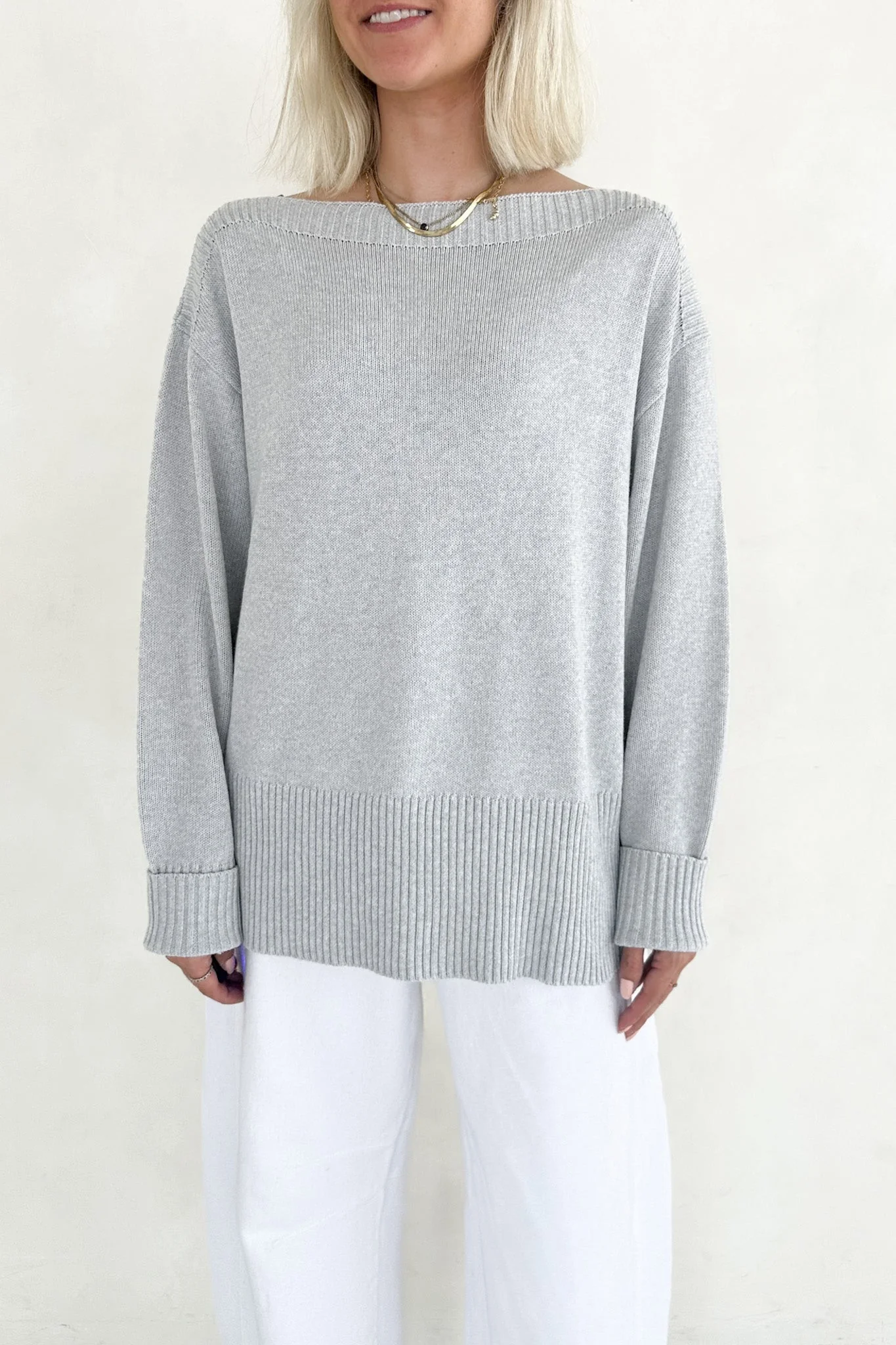 Maren Wide Boat Neck Dropped Shoulder Pullover Sweater in Grey - Image 4