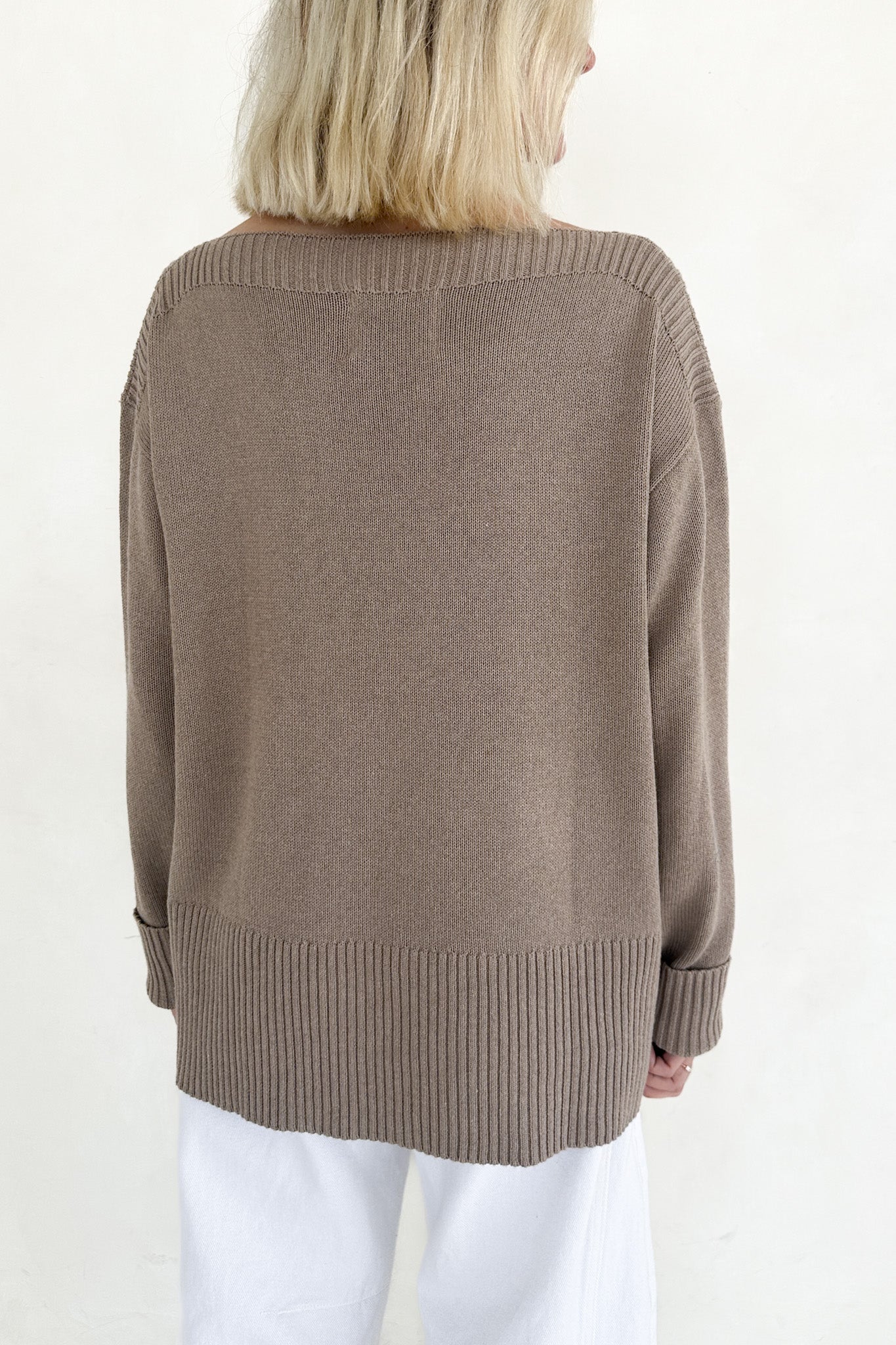 Maren Wide Boat Neck Dropped Shoulder Pullover Sweater in Mocha - Image 4