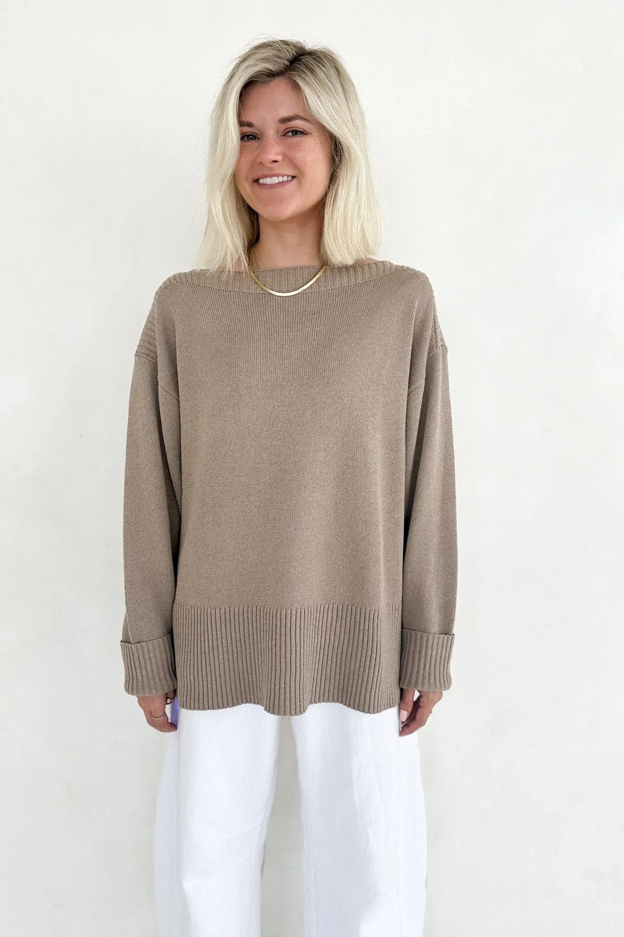 Maren Wide Boat Neck Dropped Shoulder Pullover Sweater in Mocha - Image 5
