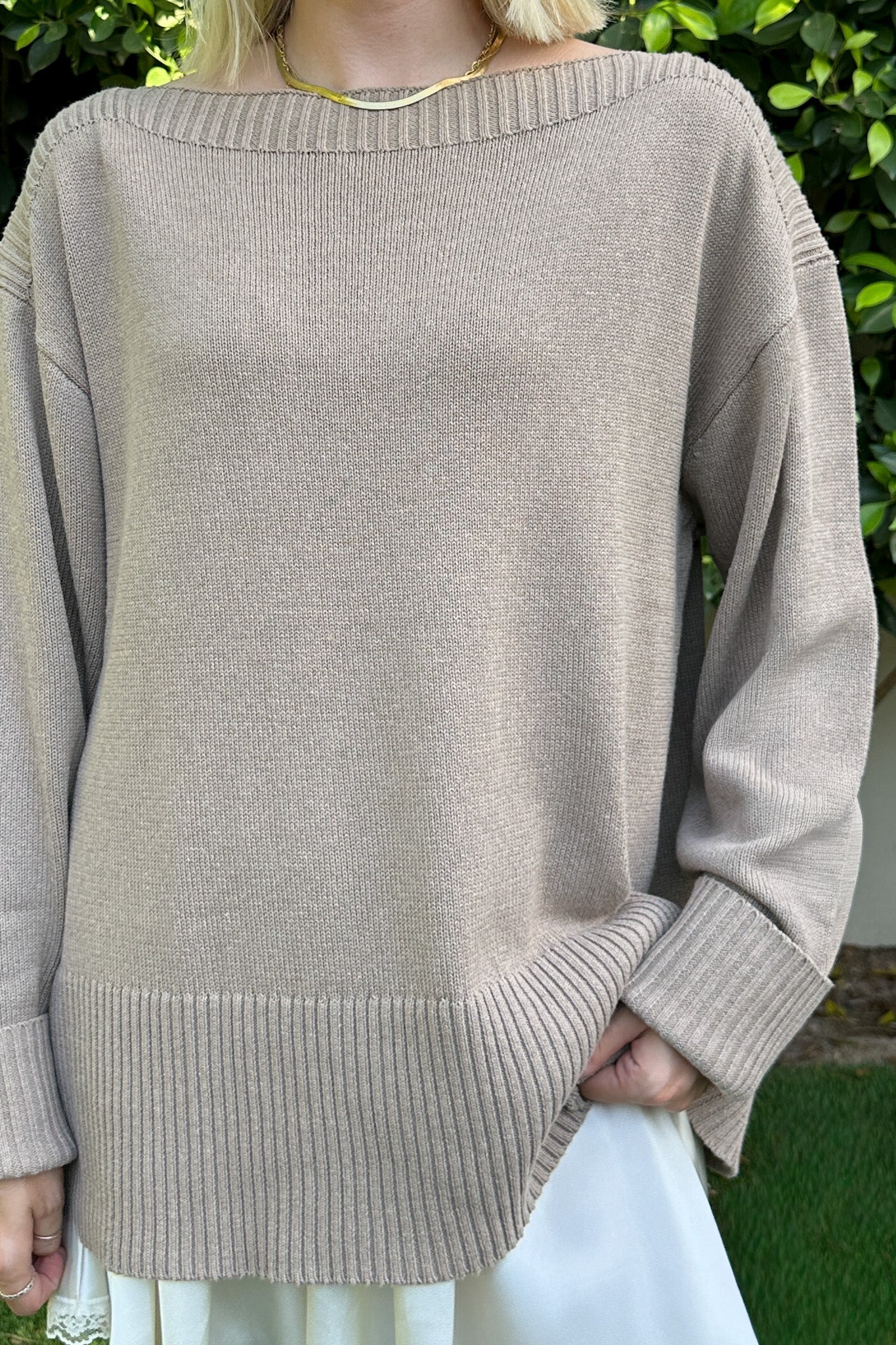 Maren Wide Boat Neck Dropped Shoulder Pullover Sweater in Mocha - Image 6