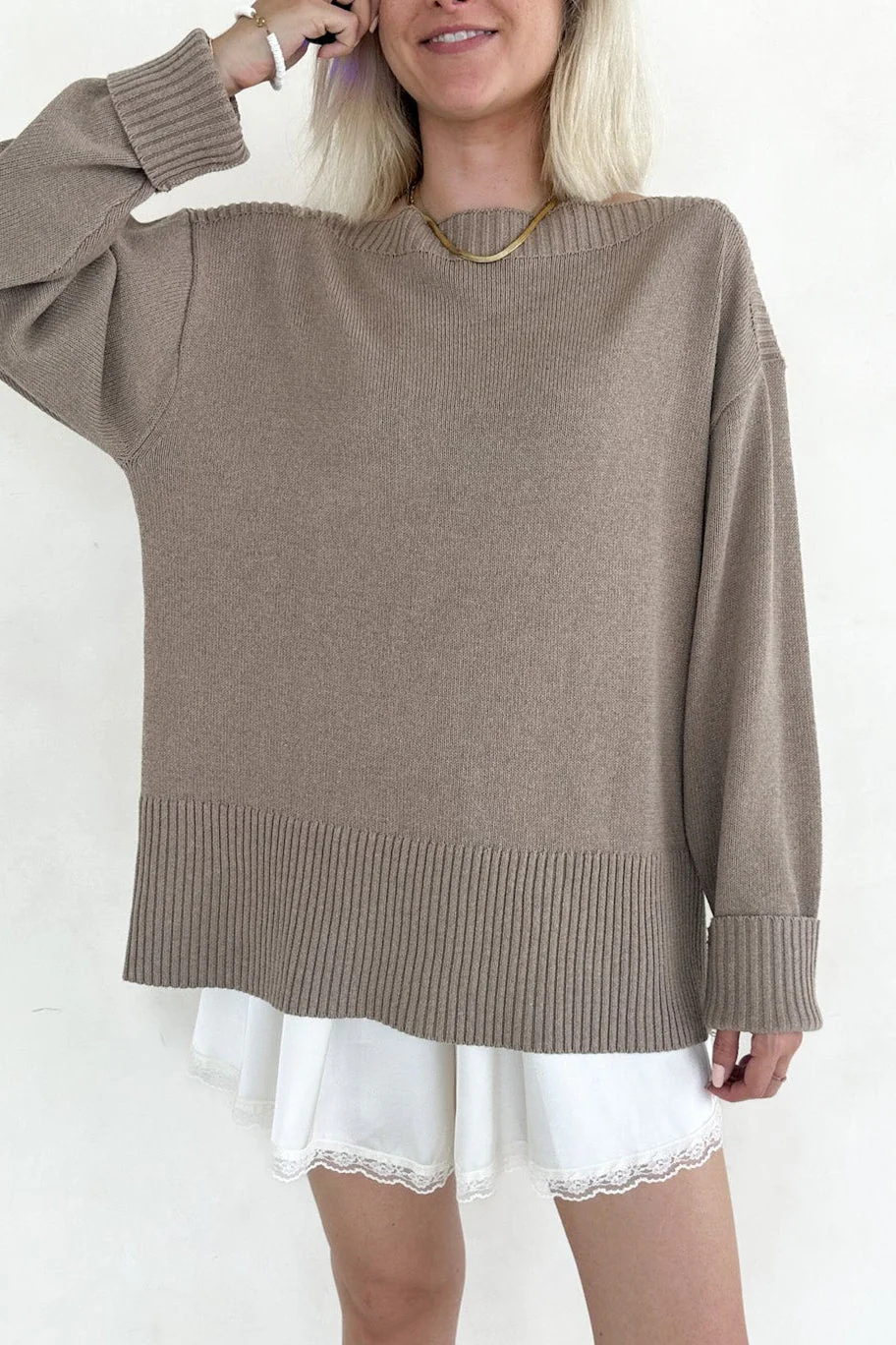 Maren Wide Boat Neck Dropped Shoulder Pullover Sweater in Mocha - Image 7