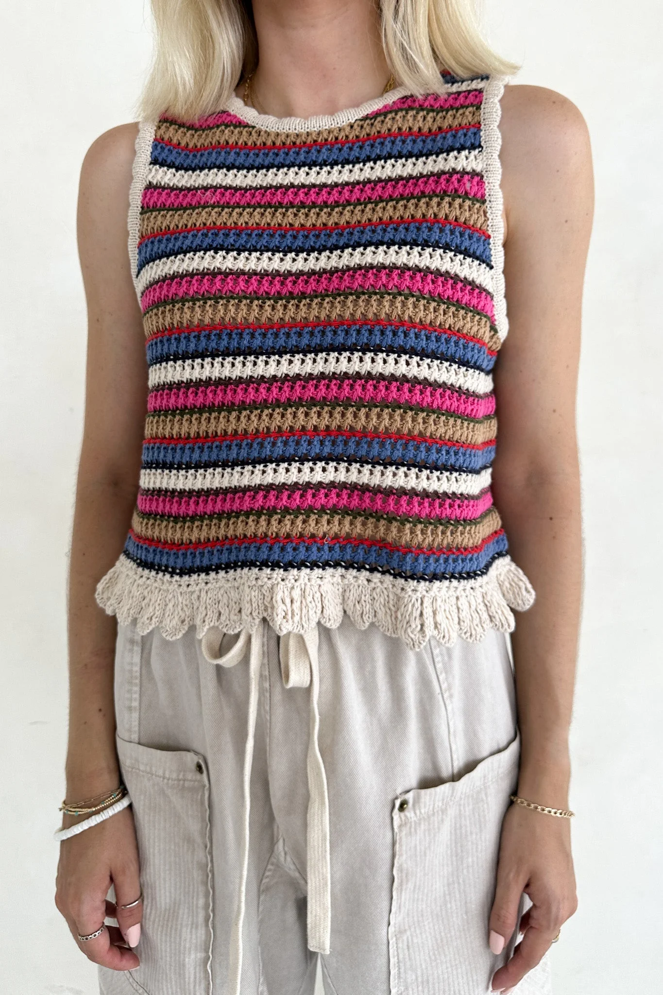 Margaux Rainbow Stripe Crochet Knit Top - Image 3