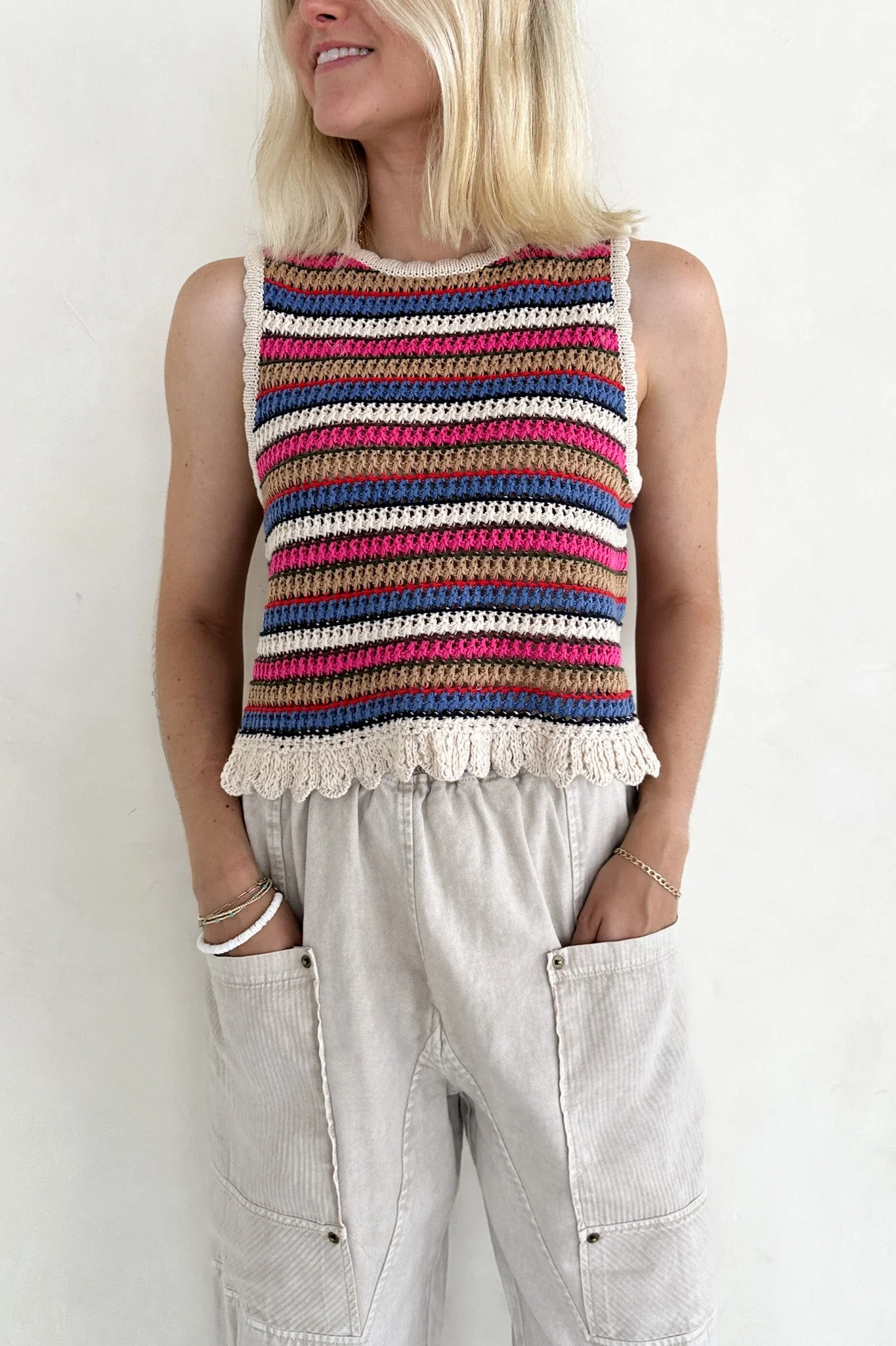 Margaux Rainbow Stripe Crochet Knit Top - Image 9