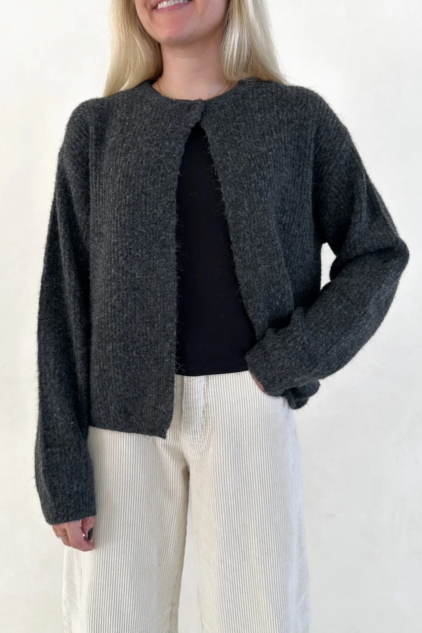 Margot Top Button Cardigan in Charcoal - Image 2