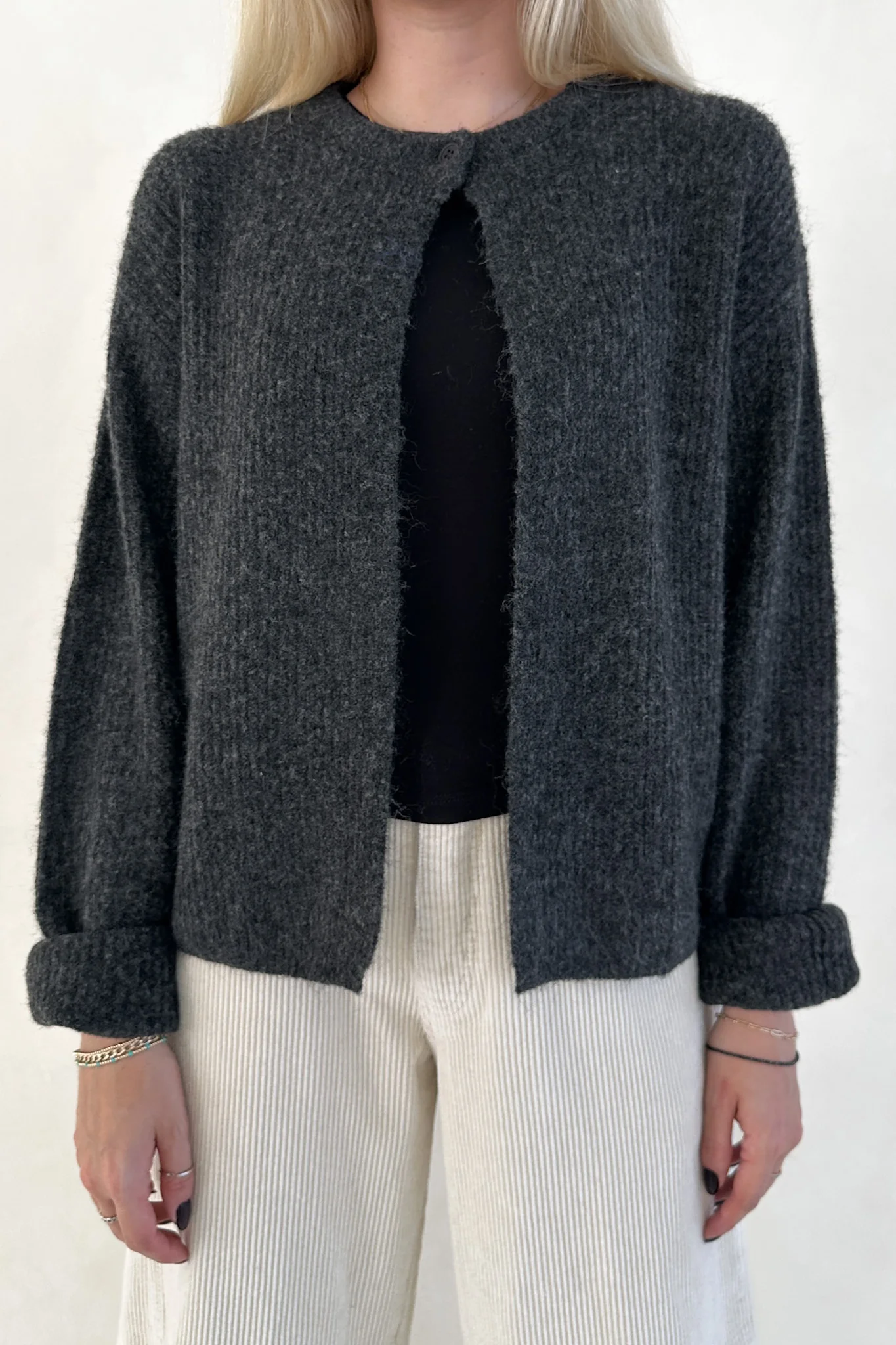 Margot Top Button Cardigan in Charcoal - Image 3