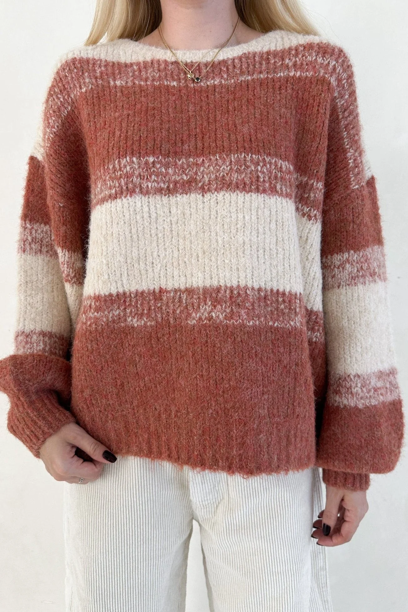 Out of the Woods Burnt Orange Balloon Sleeve Striped Sweater