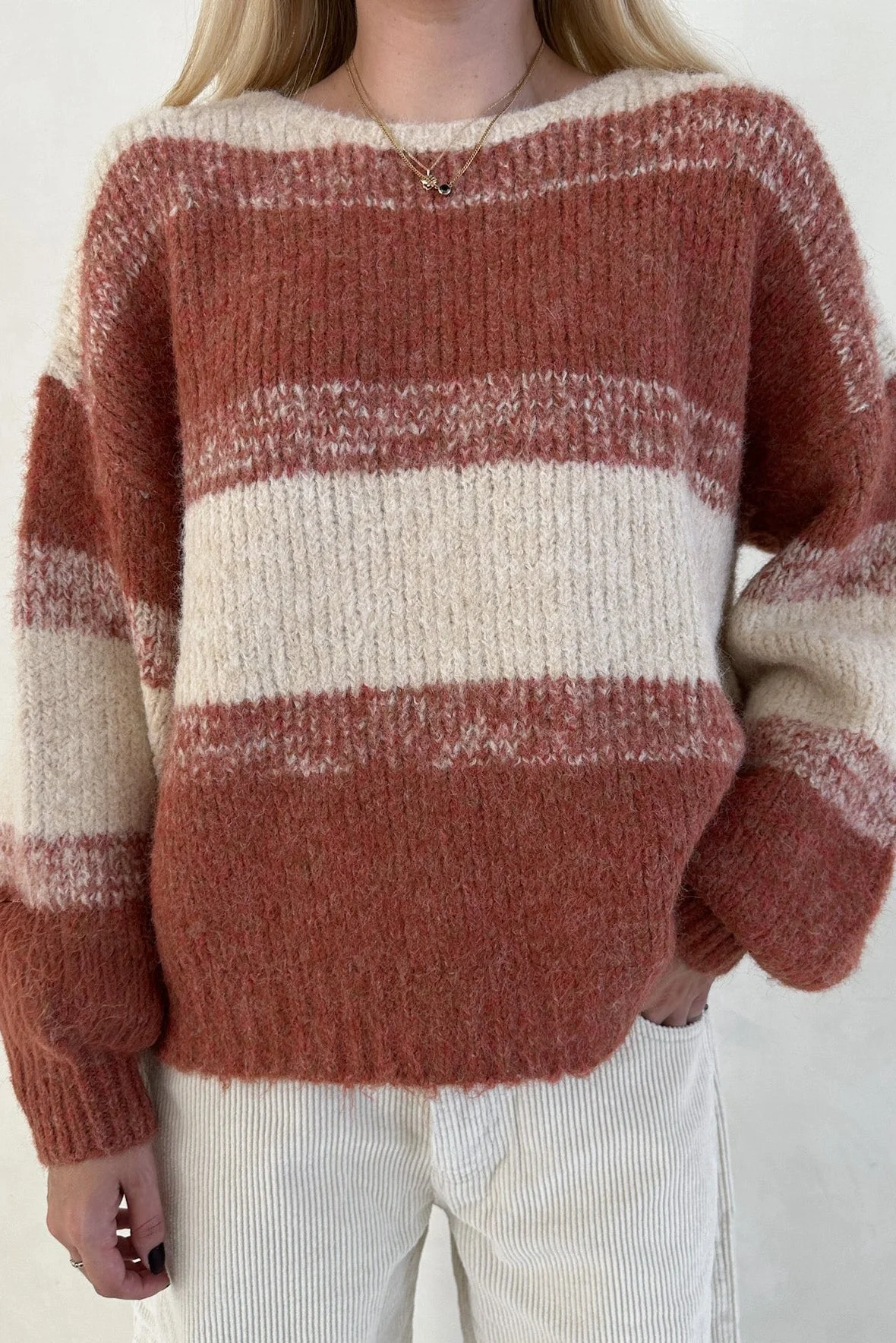 Out of the Woods Burnt Orange Balloon Sleeve Striped Sweater - Image 3