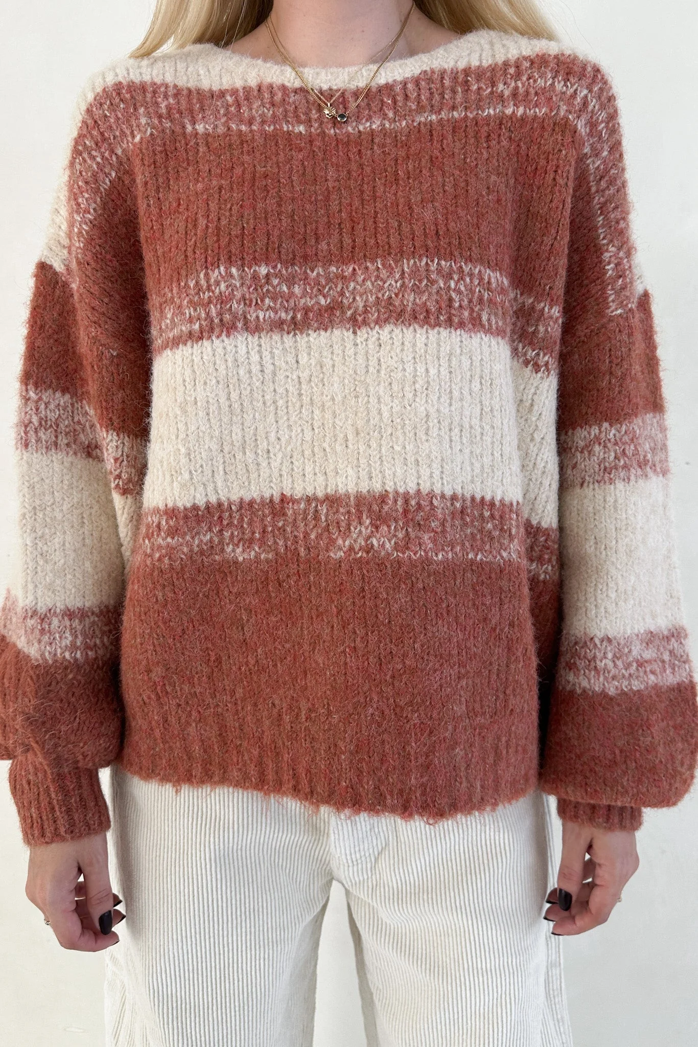 Out of the Woods Burnt Orange Balloon Sleeve Striped Sweater - Image 4