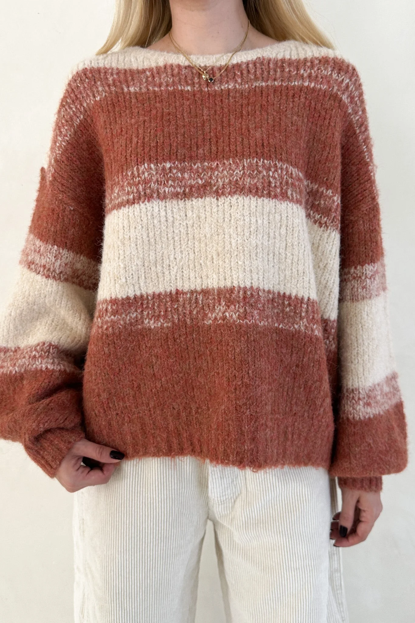 Out of the Woods Burnt Orange Balloon Sleeve Striped Sweater - Image 5