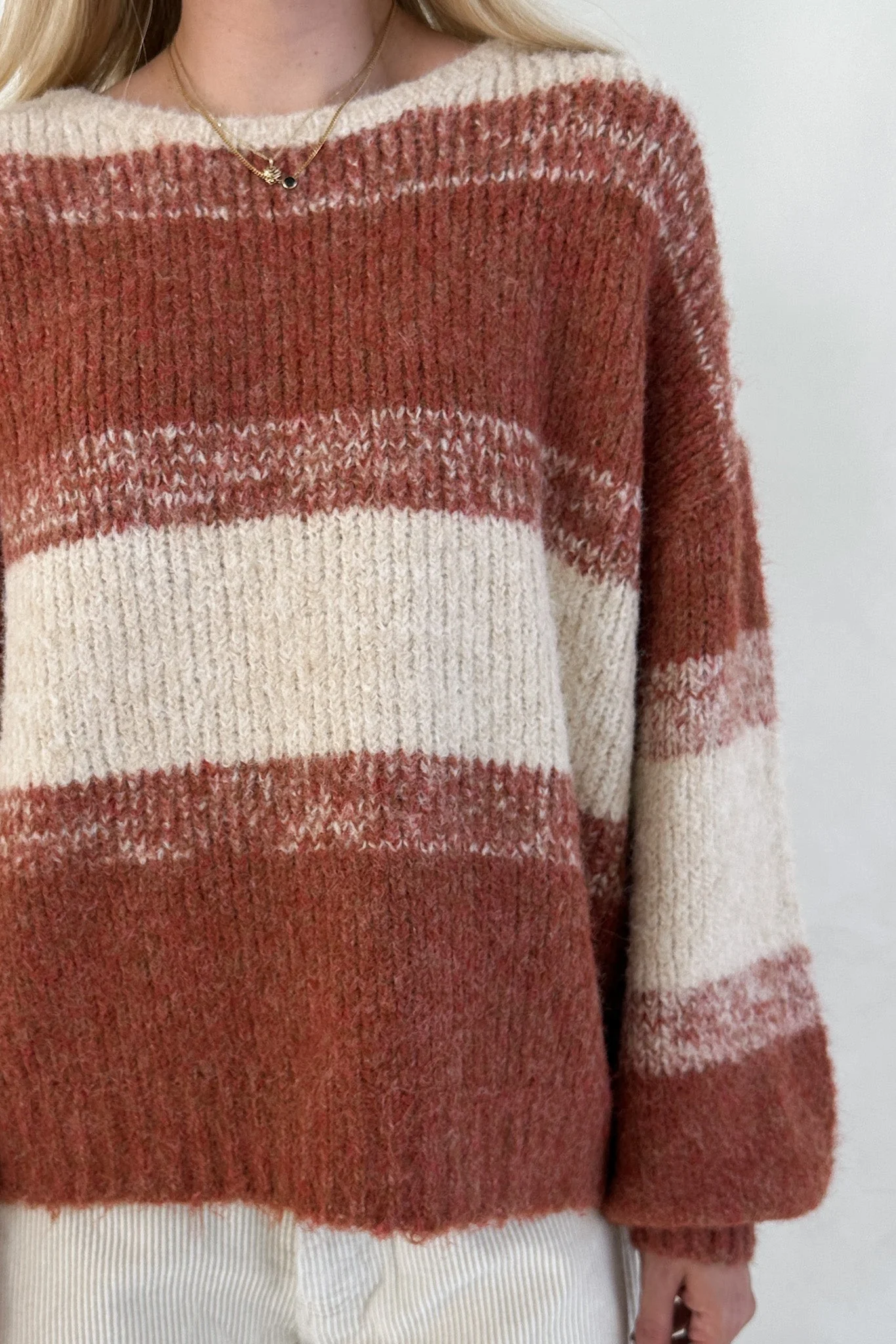 Out of the Woods Burnt Orange Balloon Sleeve Striped Sweater - Image 6