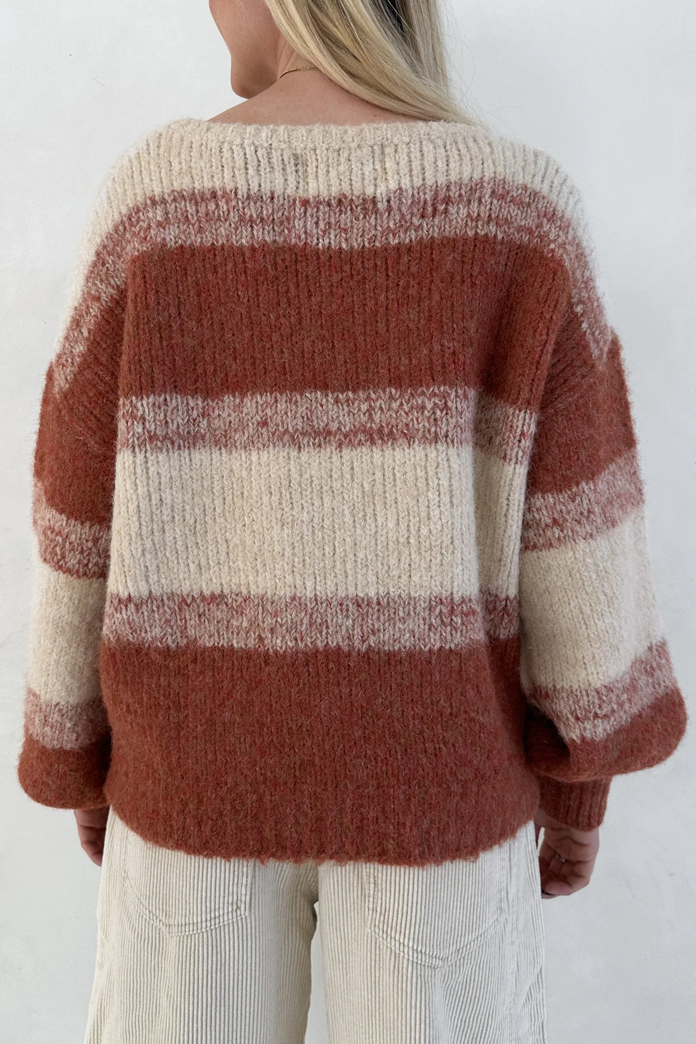 Out of the Woods Burnt Orange Balloon Sleeve Striped Sweater - Image 7