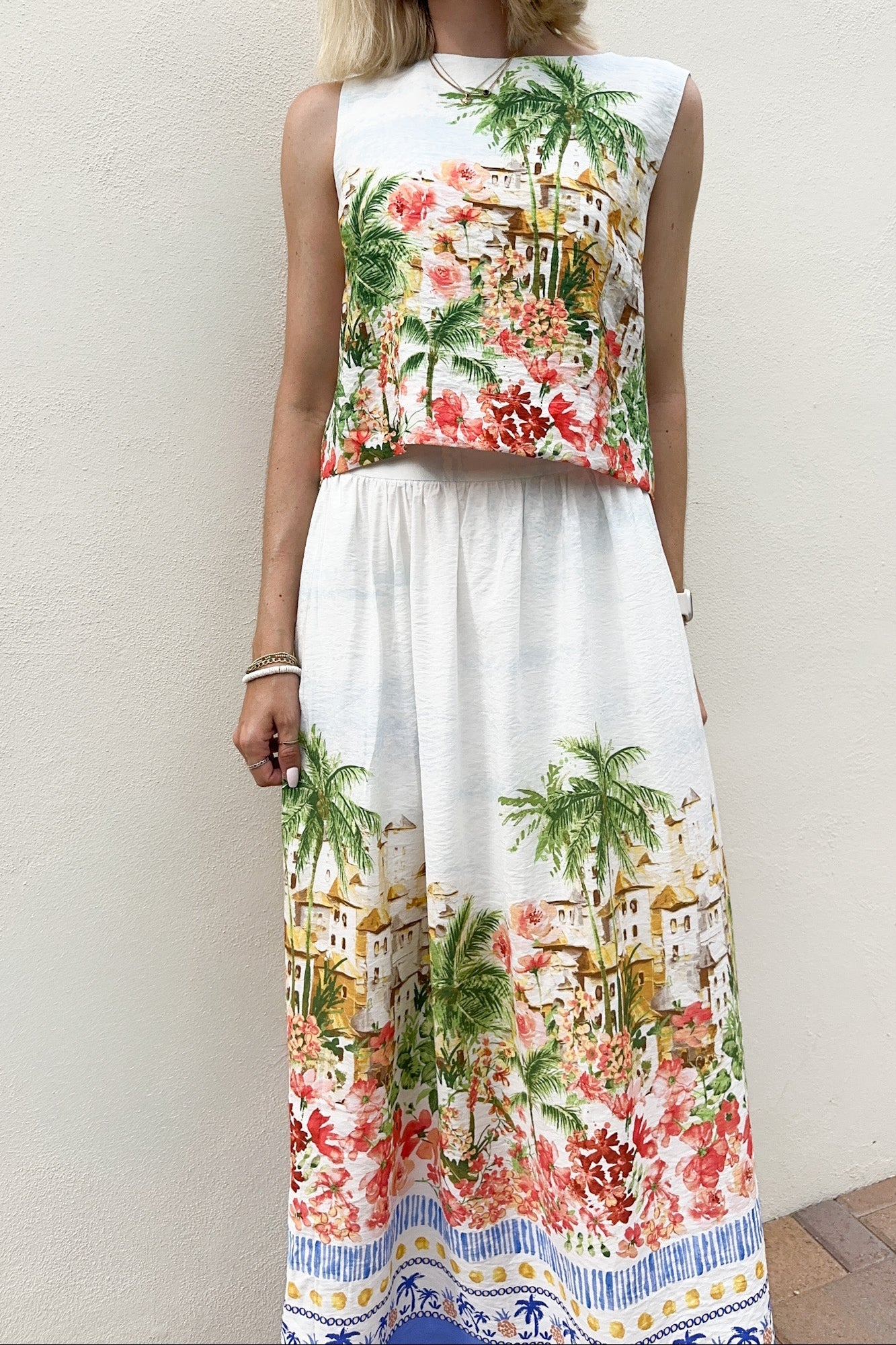 Meet Me in Capri Tropical Print Satin Midi Skirt