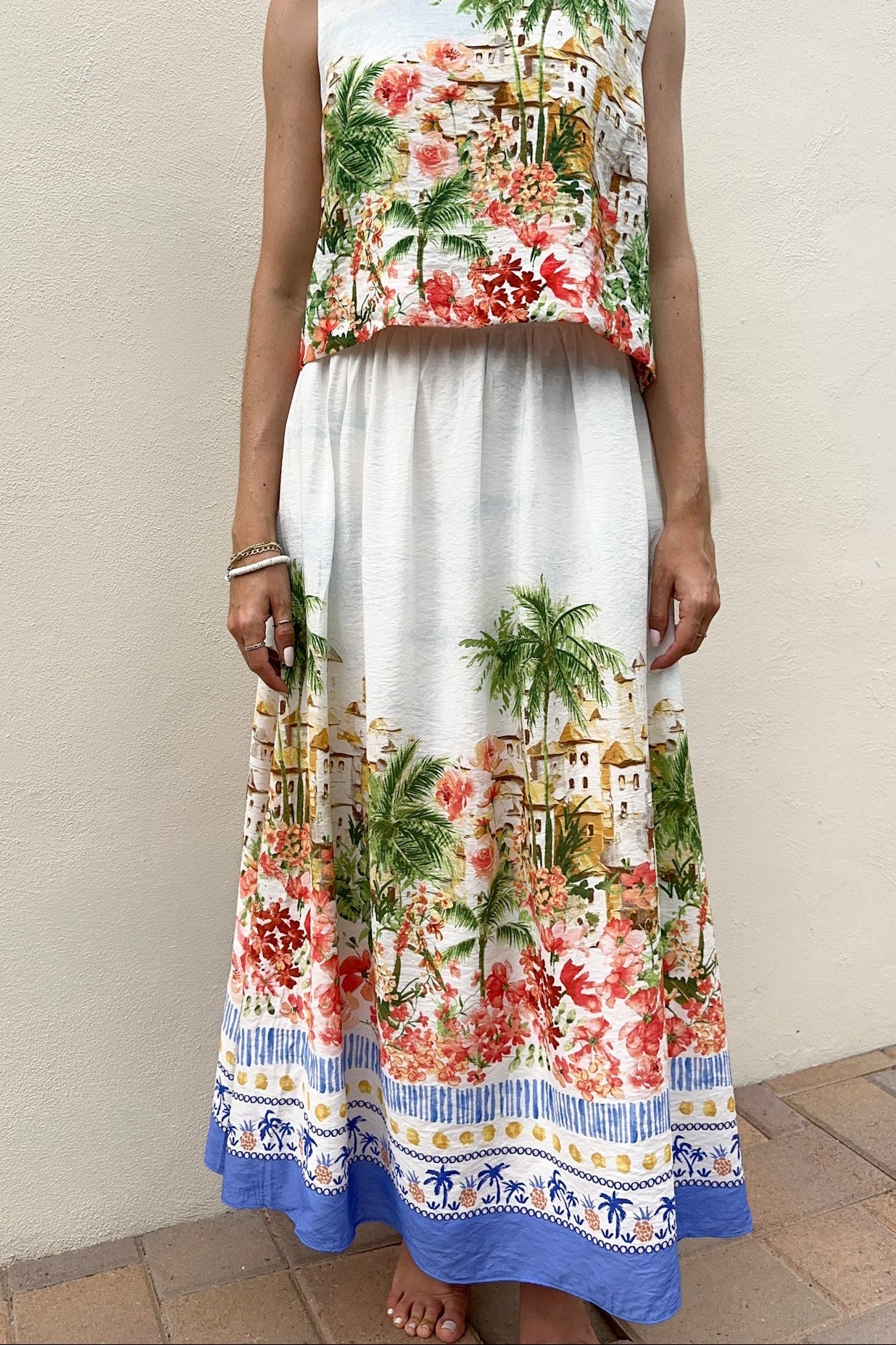 Meet Me in Capri Tropical Print Satin Midi Skirt - Image 10