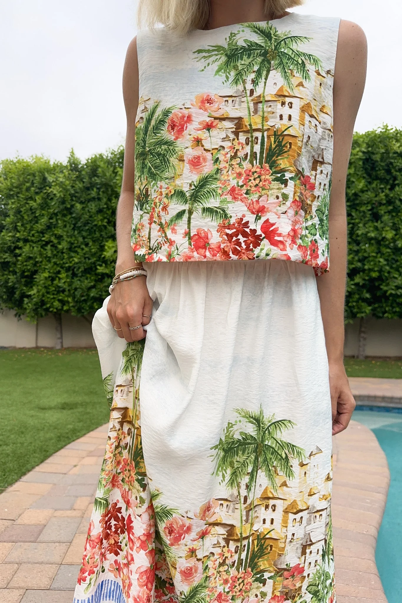 Meet Me in Capri Tropical Print Satin Midi Skirt - Image 11