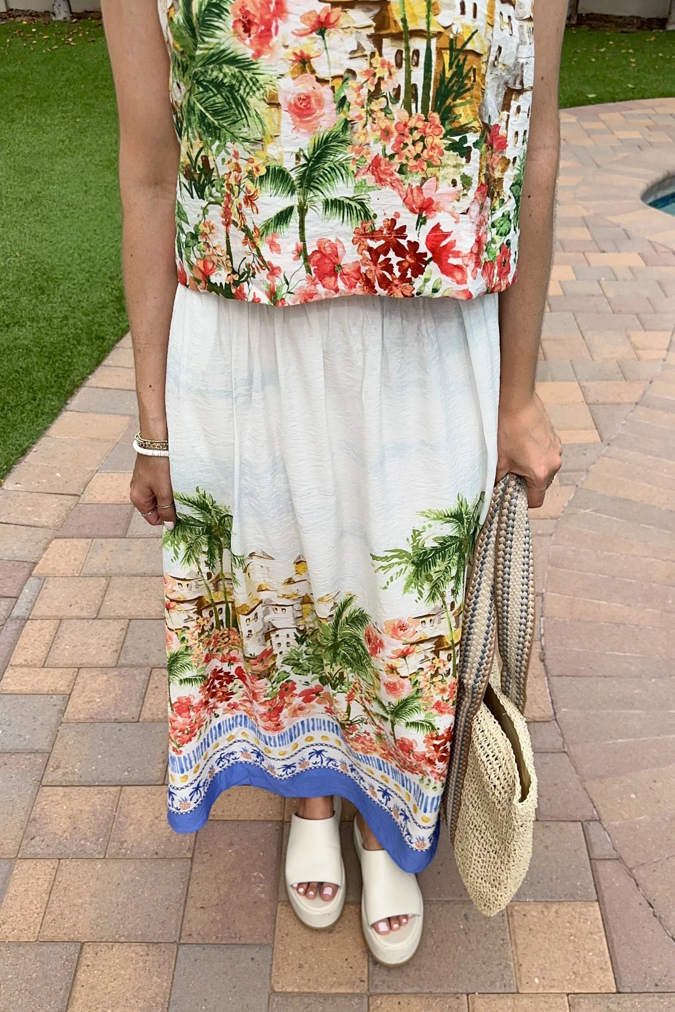 Meet Me in Capri Tropical Print Satin Midi Skirt - Image 2