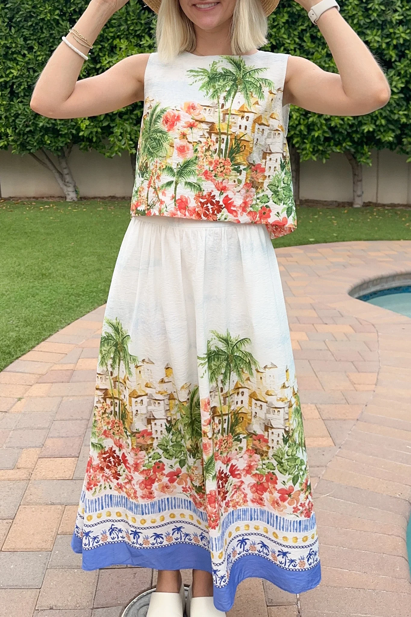 Meet Me in Capri Tropical Print Satin Midi Skirt - Image 7