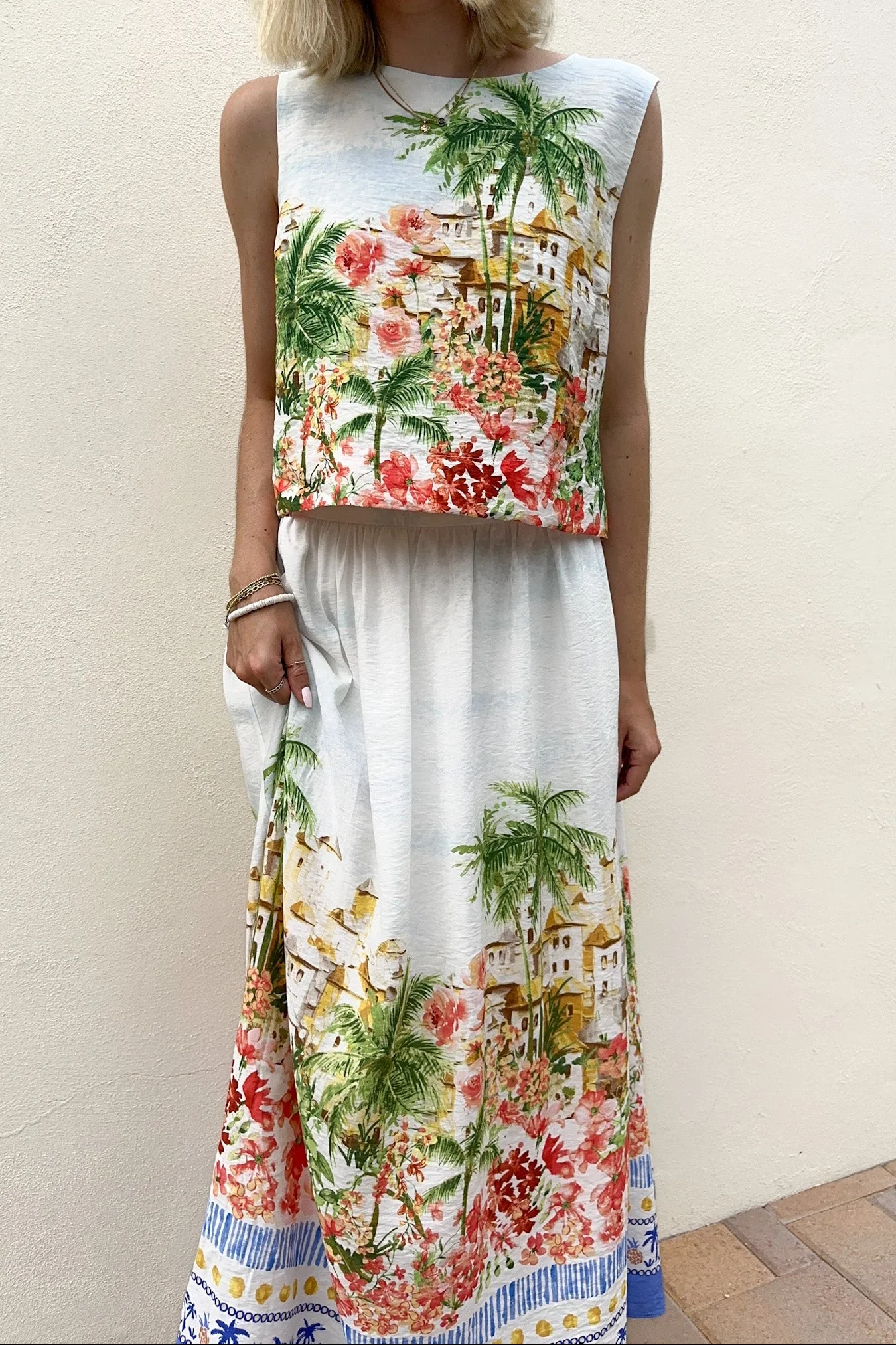 Meet Me in Capri Tropical Print Satin Midi Skirt - Image 8