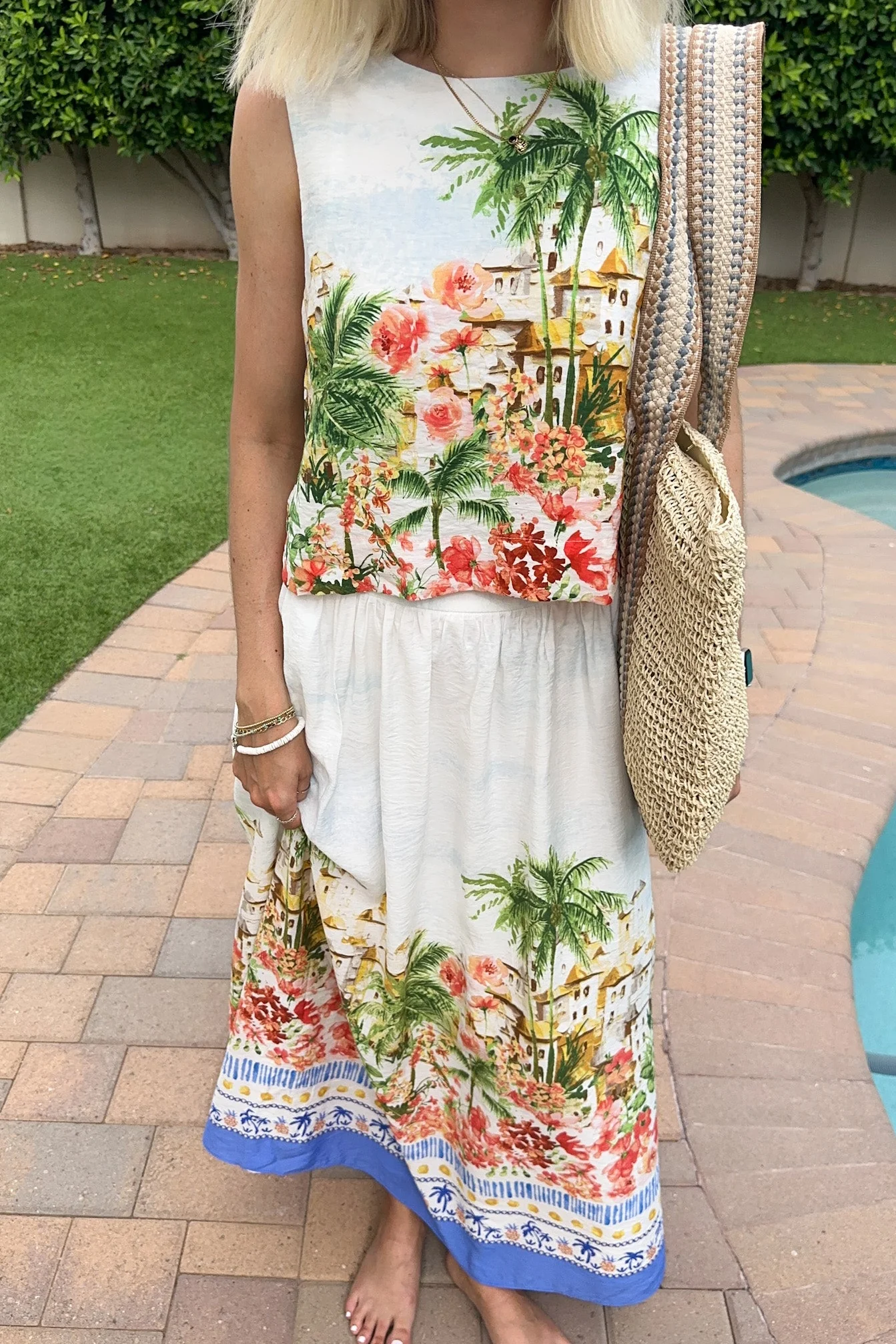 Meet Me in Capri Tropical Print Satin Midi Skirt - Image 9