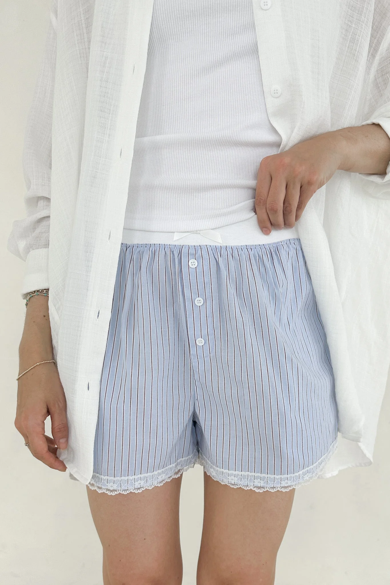 Merci Striped Lace Shorts in Blue - Image 2