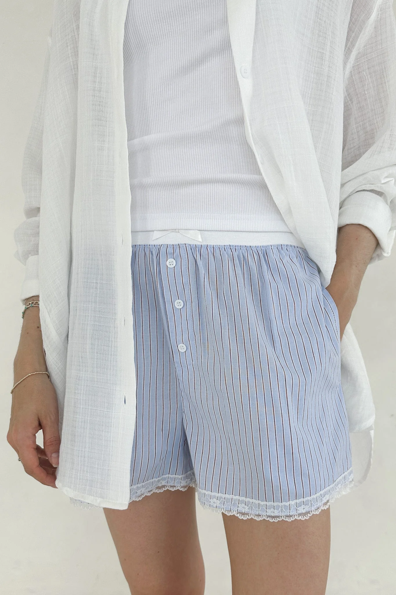 Merci Striped Lace Shorts in Blue - Image 7
