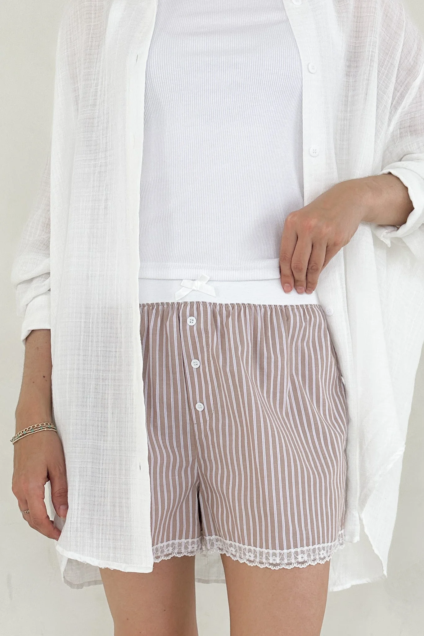 Merci Striped Lace Shorts in Mocha