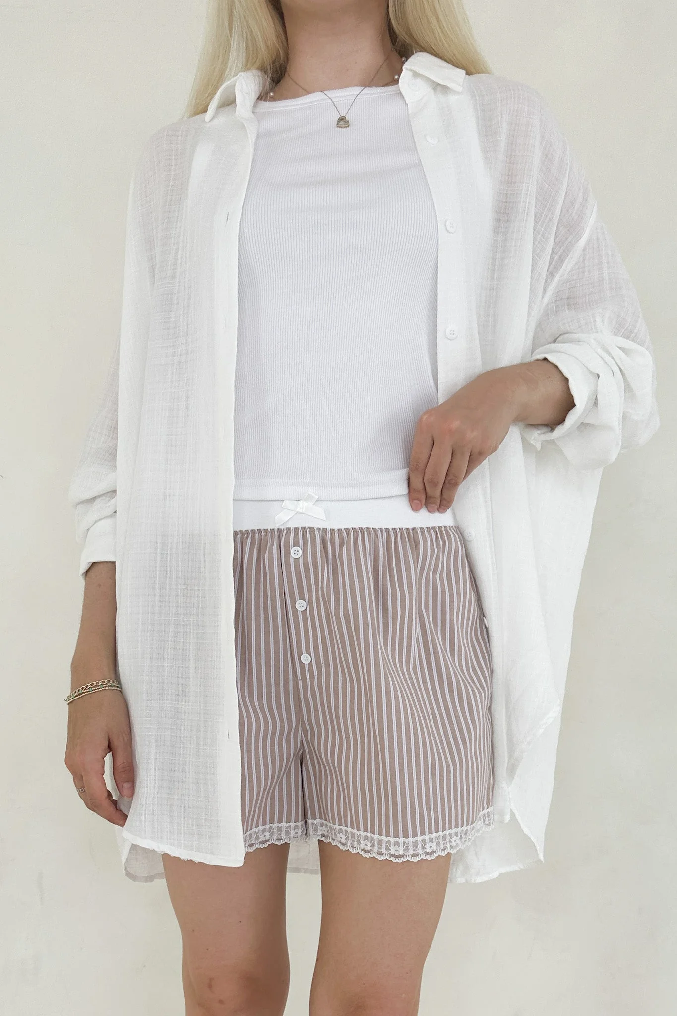 Merci Striped Lace Shorts in Mocha - Image 3