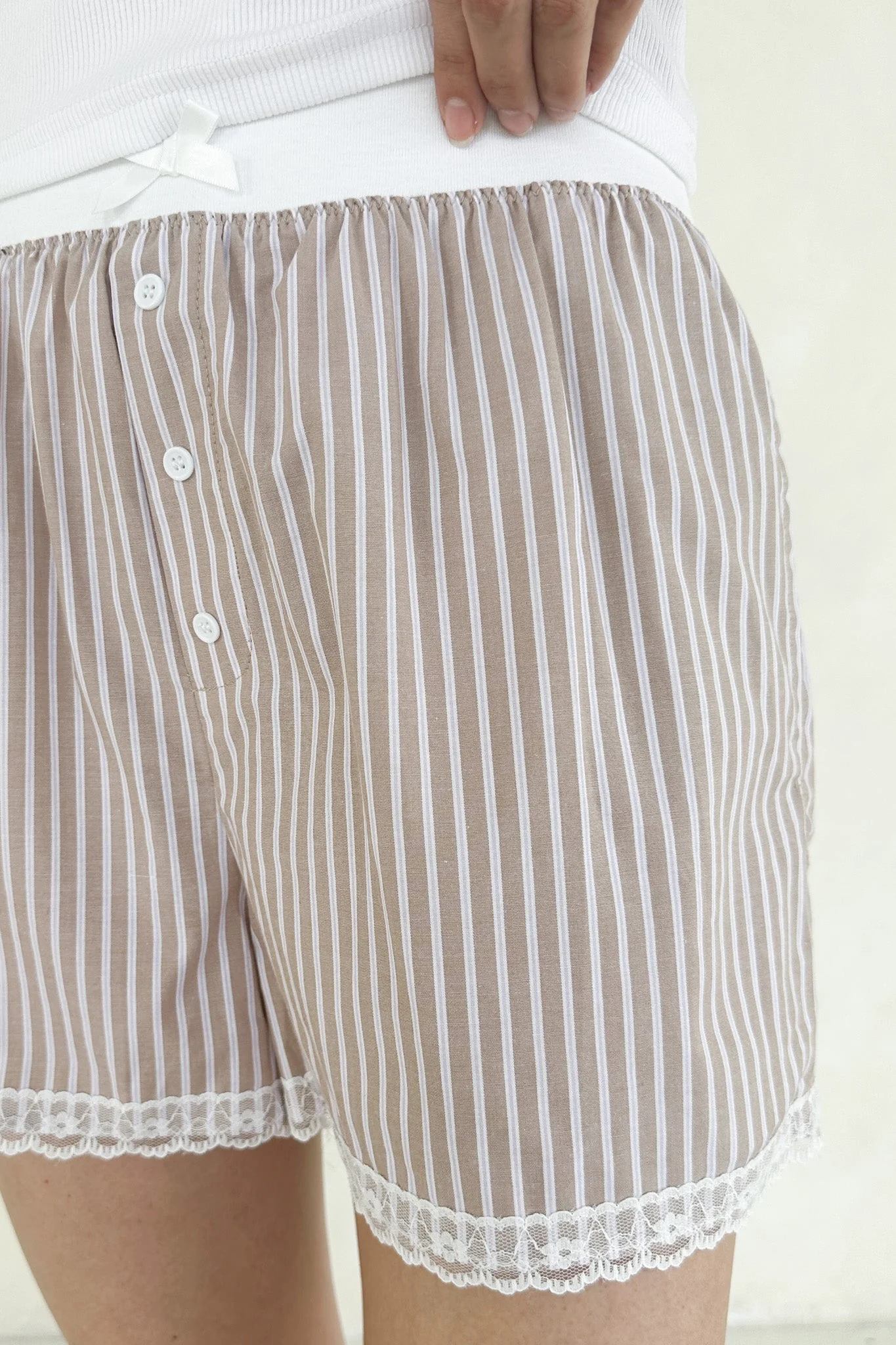 Merci Striped Lace Shorts in Mocha - Image 5