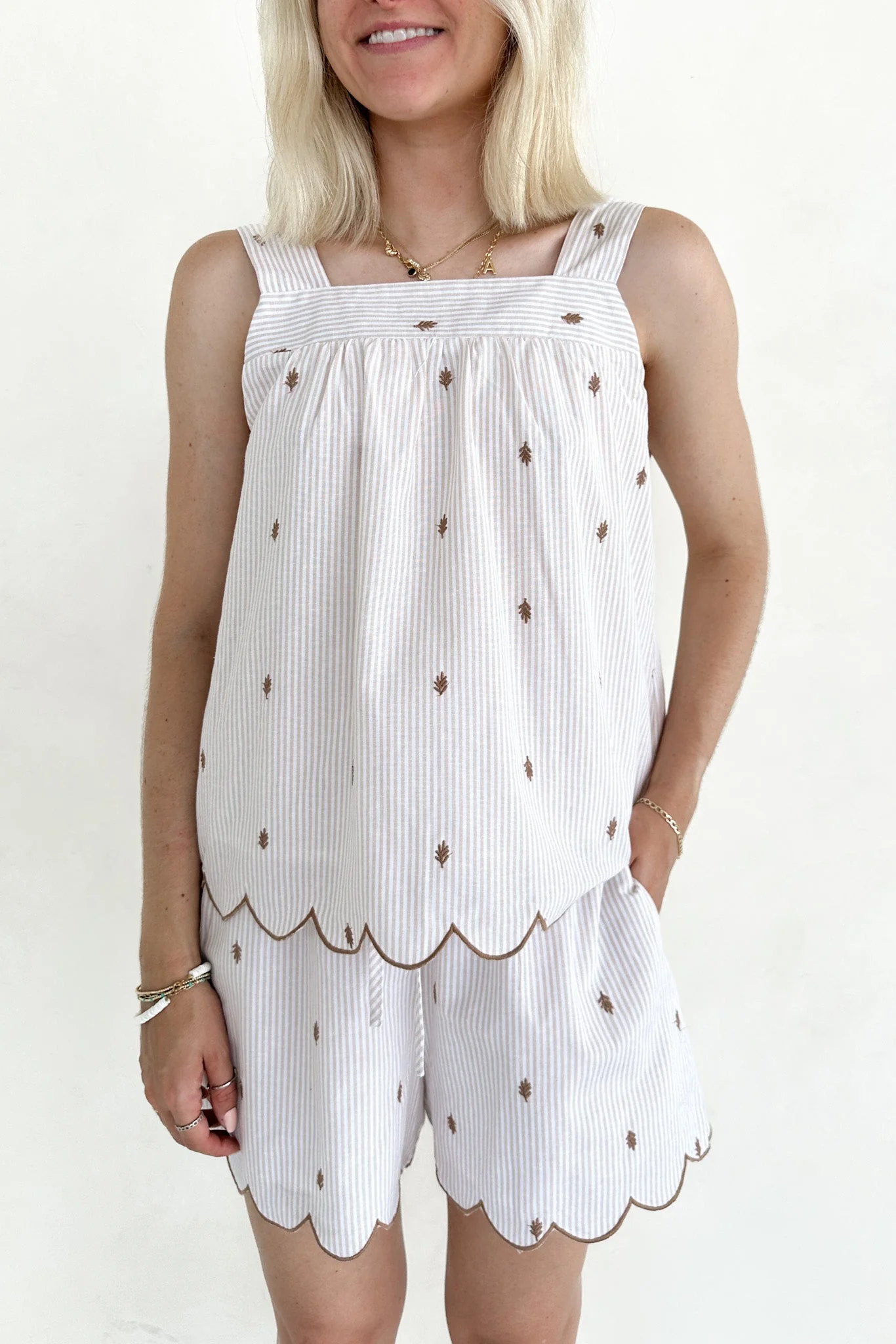 Morning Markets Pinstripe Embroidered Scallop Shorts - Image 4