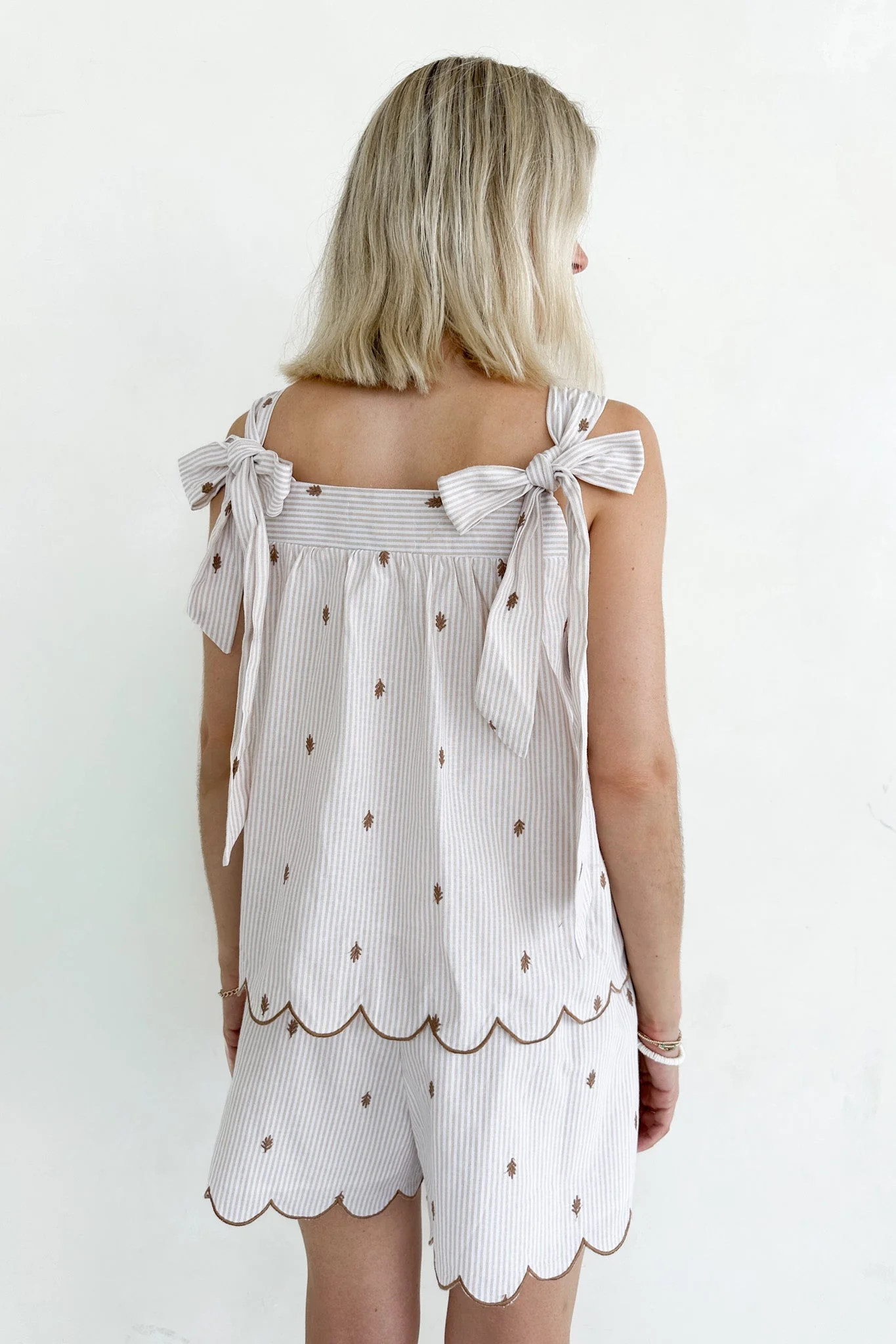 Morning Markets Pinstripe Embroidered Scallop Shoulder Tie Top - Image 3