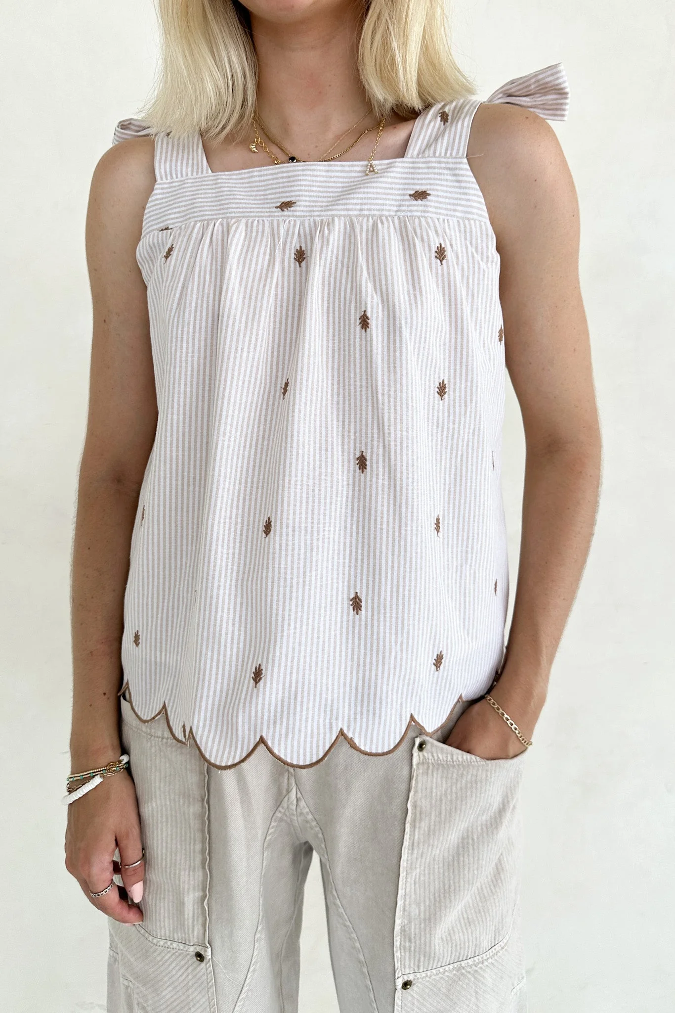 Morning Markets Pinstripe Embroidered Scallop Shoulder Tie Top - Image 4