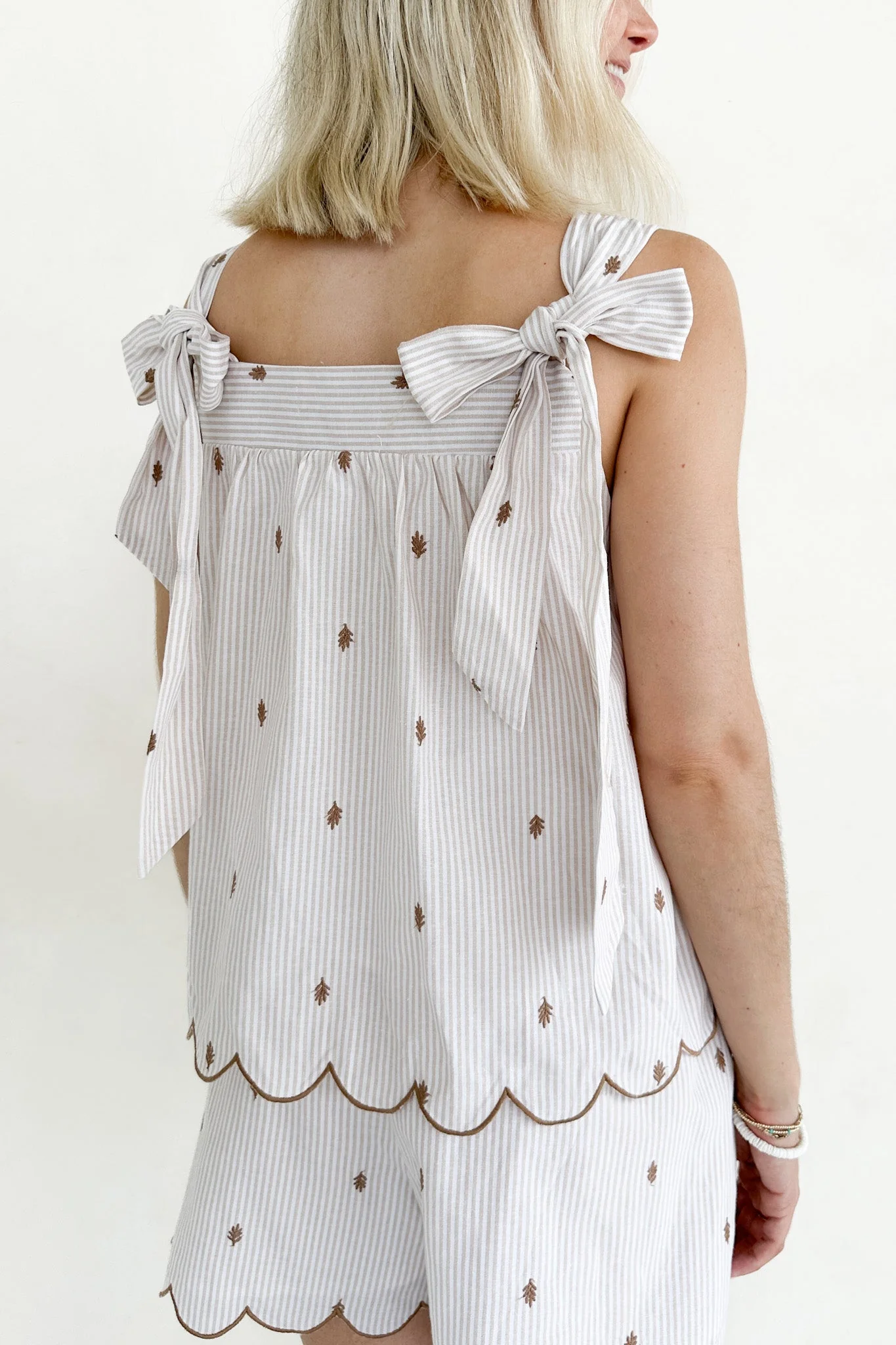 Morning Markets Pinstripe Embroidered Scallop Shoulder Tie Top - Image 6