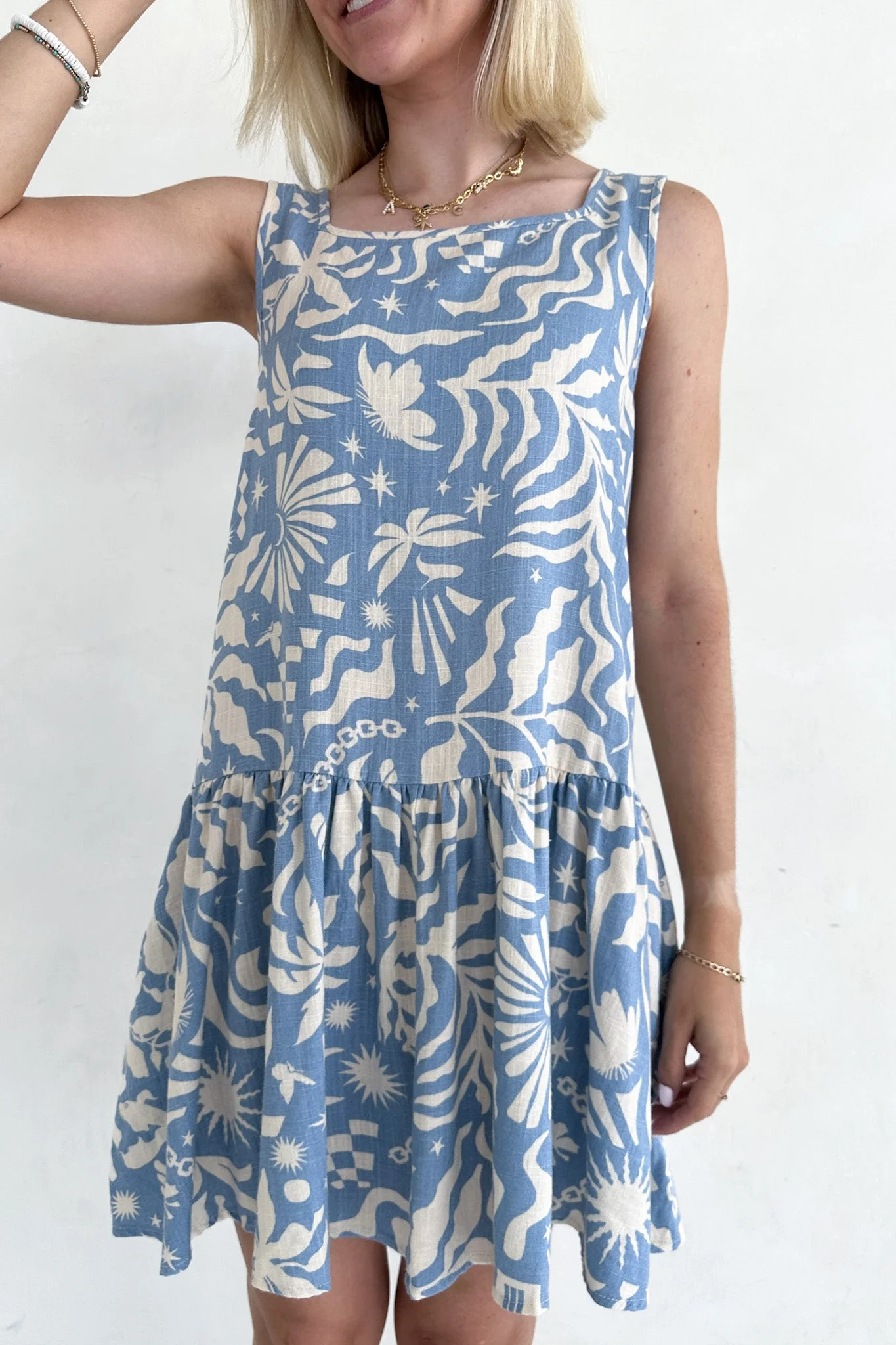Noa Blue Tropical Print Linen Blend Mini Dress - Image 3