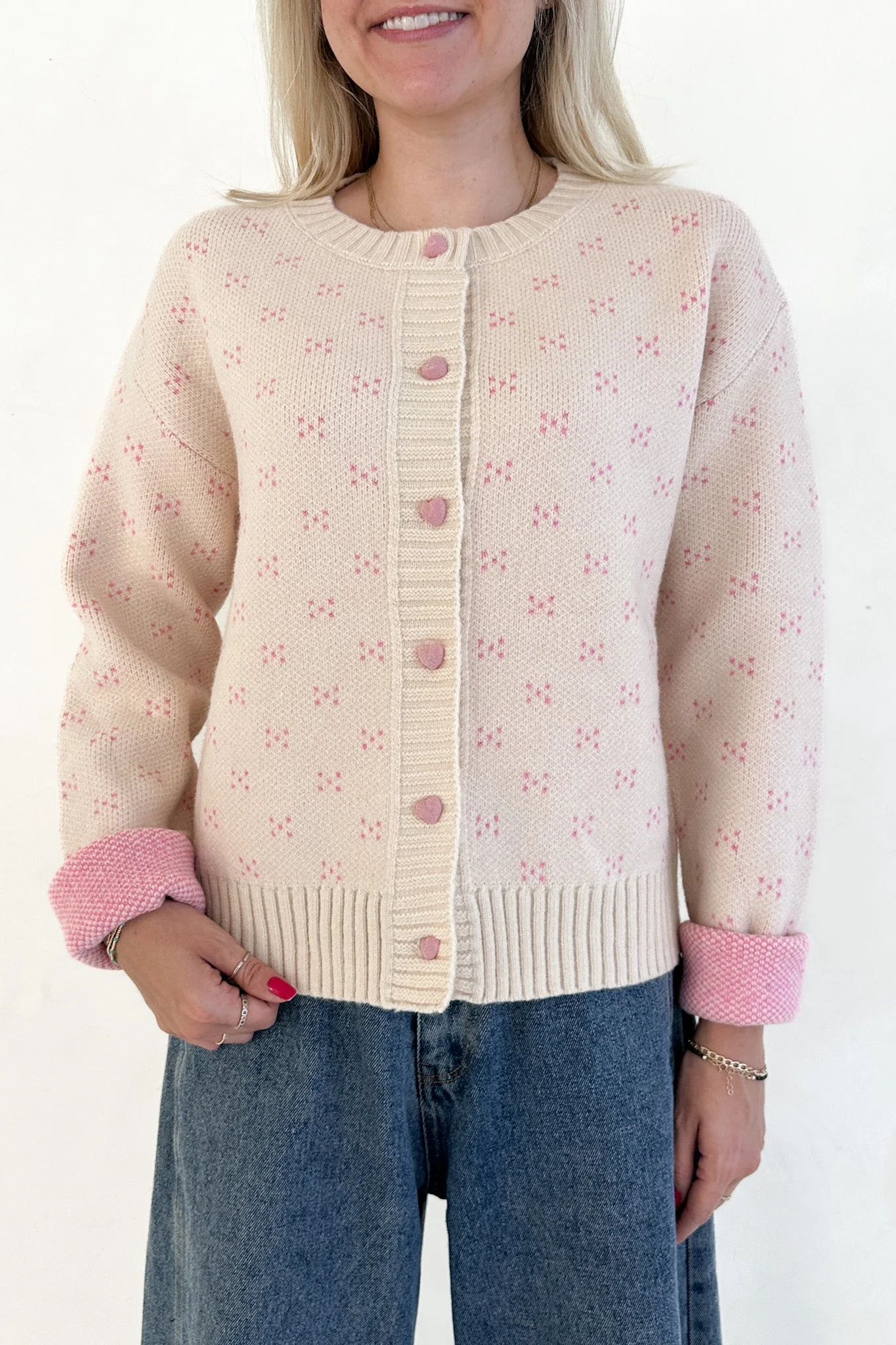 Noelle Button Down Pink Hearts Cardigan in Cream and Pink