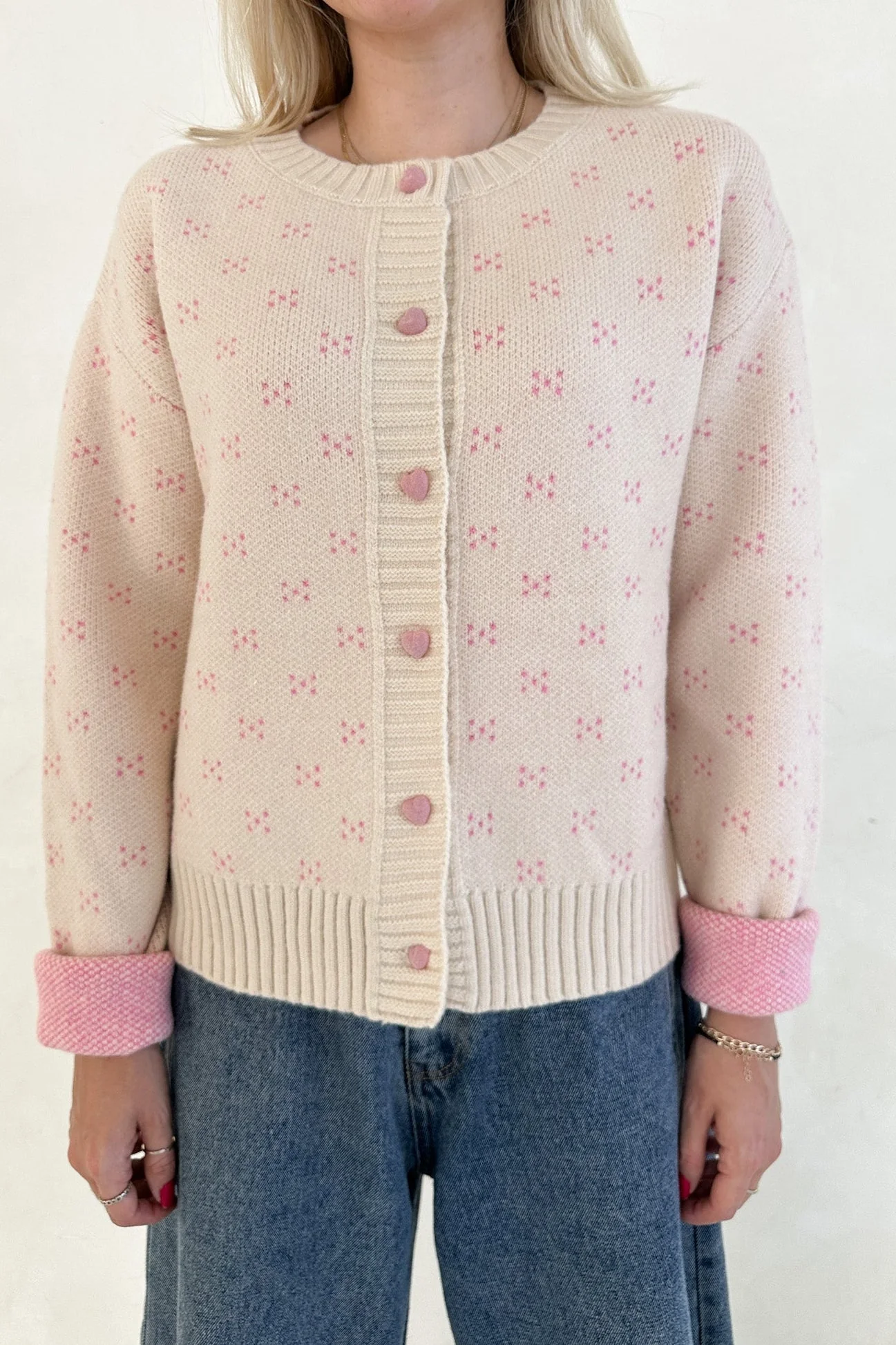 Noelle Button Down Pink Hearts Cardigan in Cream and Pink - Image 2