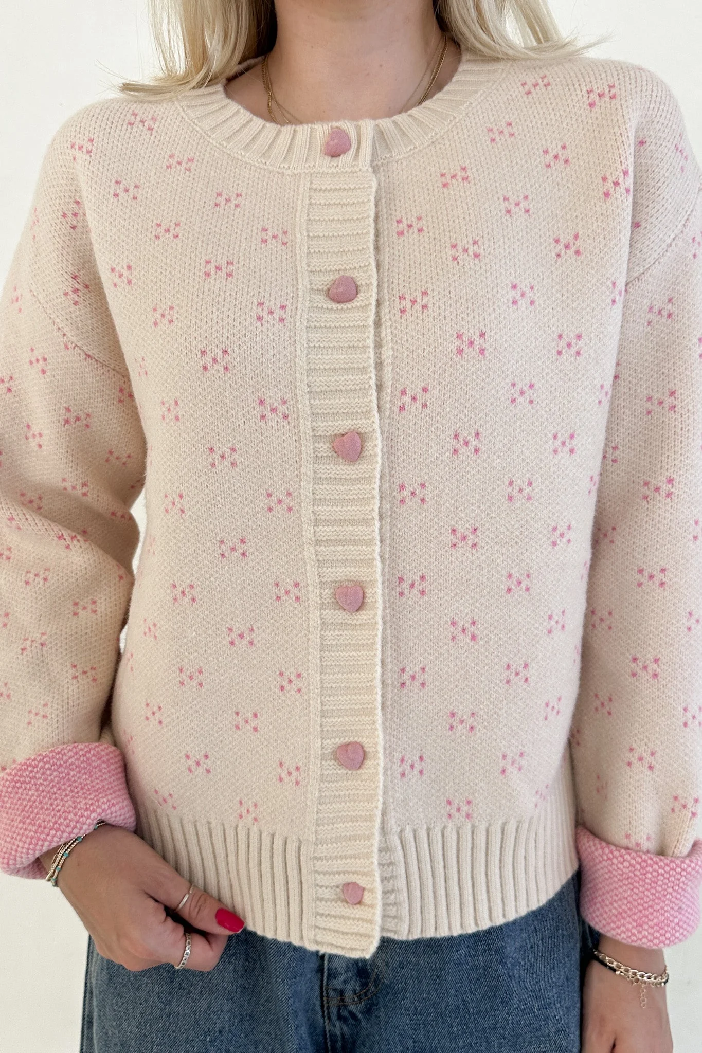 Noelle Button Down Pink Hearts Cardigan in Cream and Pink - Image 3
