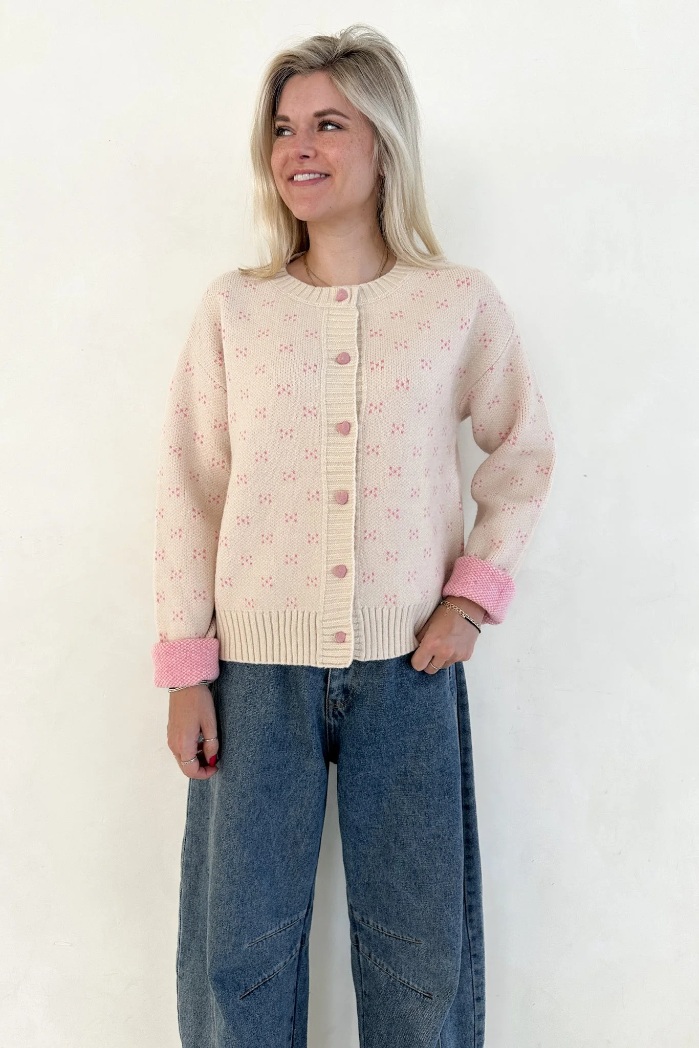 Noelle Button Down Pink Hearts Cardigan in Cream and Pink - Image 4