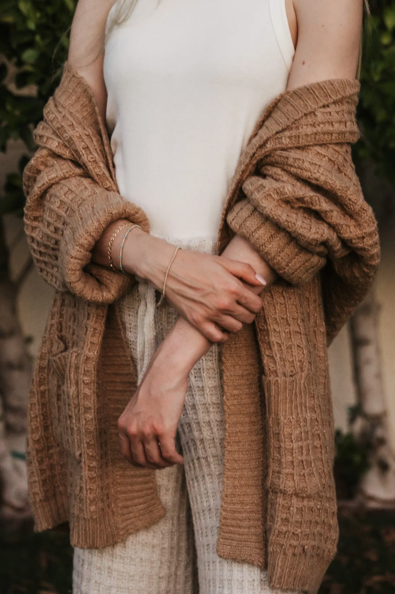 Northern Waffle Knit Open Front Cardigan in Camel - Image 2