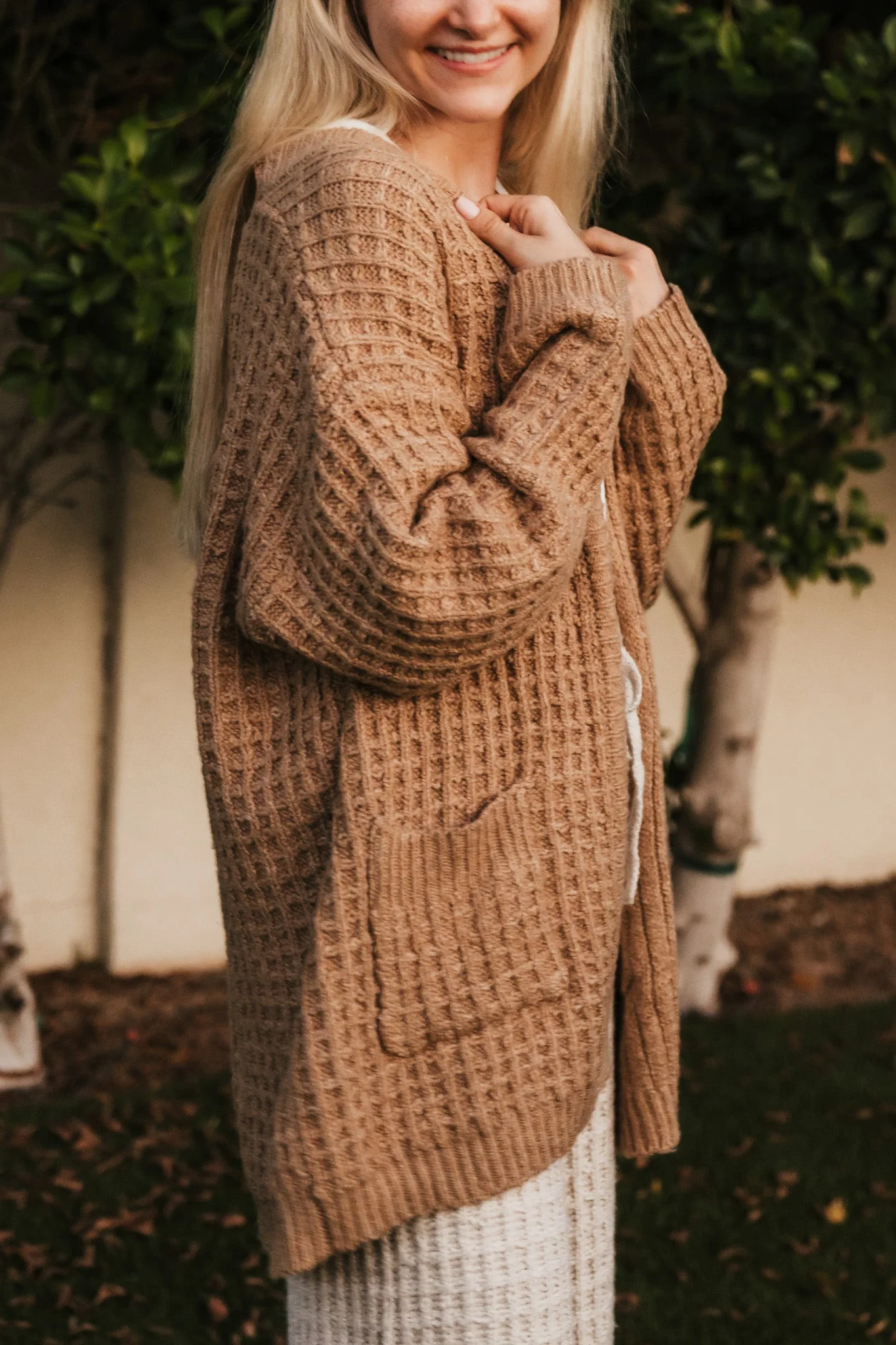 Northern Waffle Knit Open Front Cardigan in Camel - Image 3