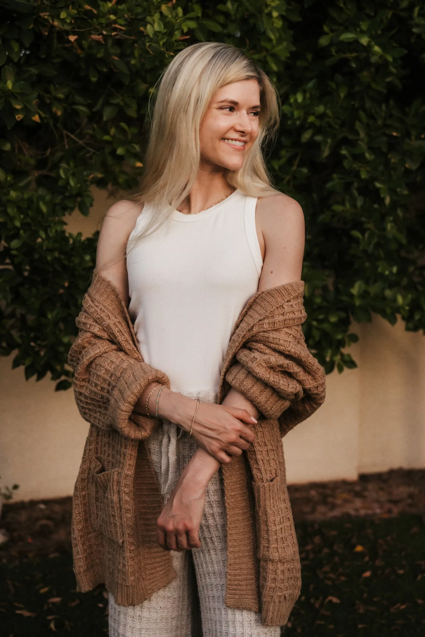 Northern Waffle Knit Open Front Cardigan in Camel - Image 5
